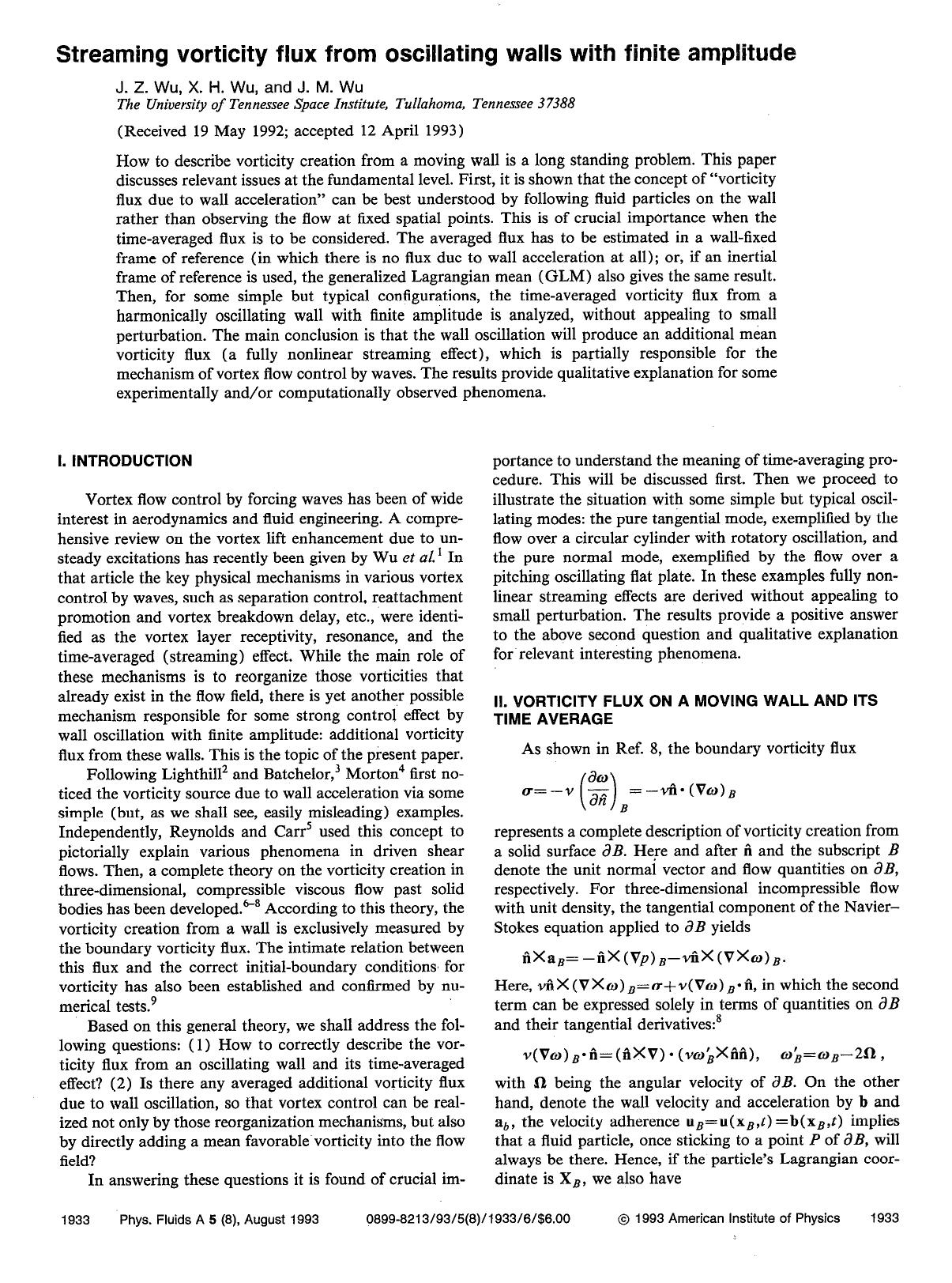 Streaming vorticity flux from oscillating walls with finite amplitude by J. Z. Wu; X. H. Wu; J. M. Wu