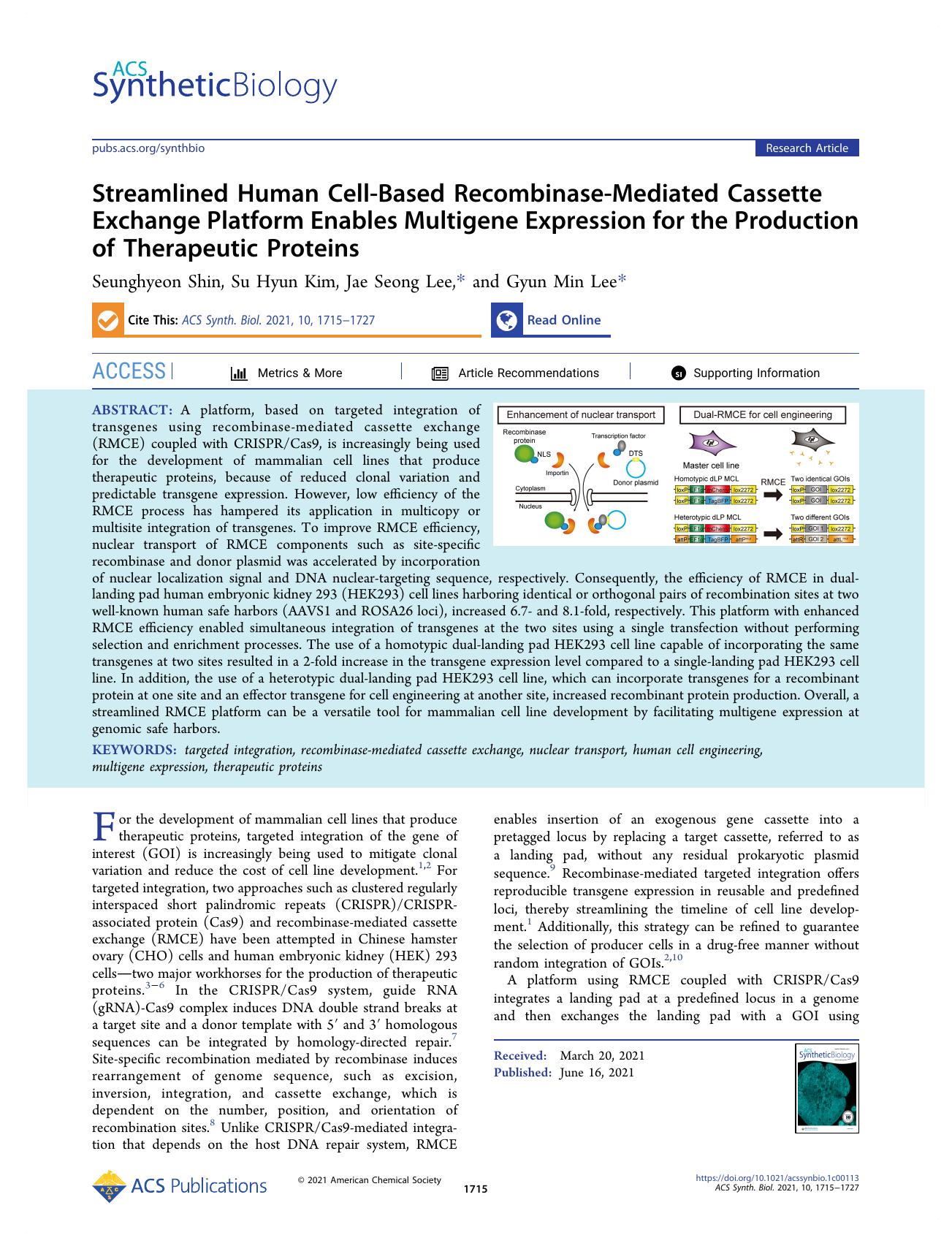 Streamlined Human Cell-Based Recombinase-Mediated Cassette Exchange Platform Enables Multigene Expression for the Production of Therapeutic Proteins by Seunghyeon Shin Su Hyun Kim Jae Seong Lee and Gyun Min Lee