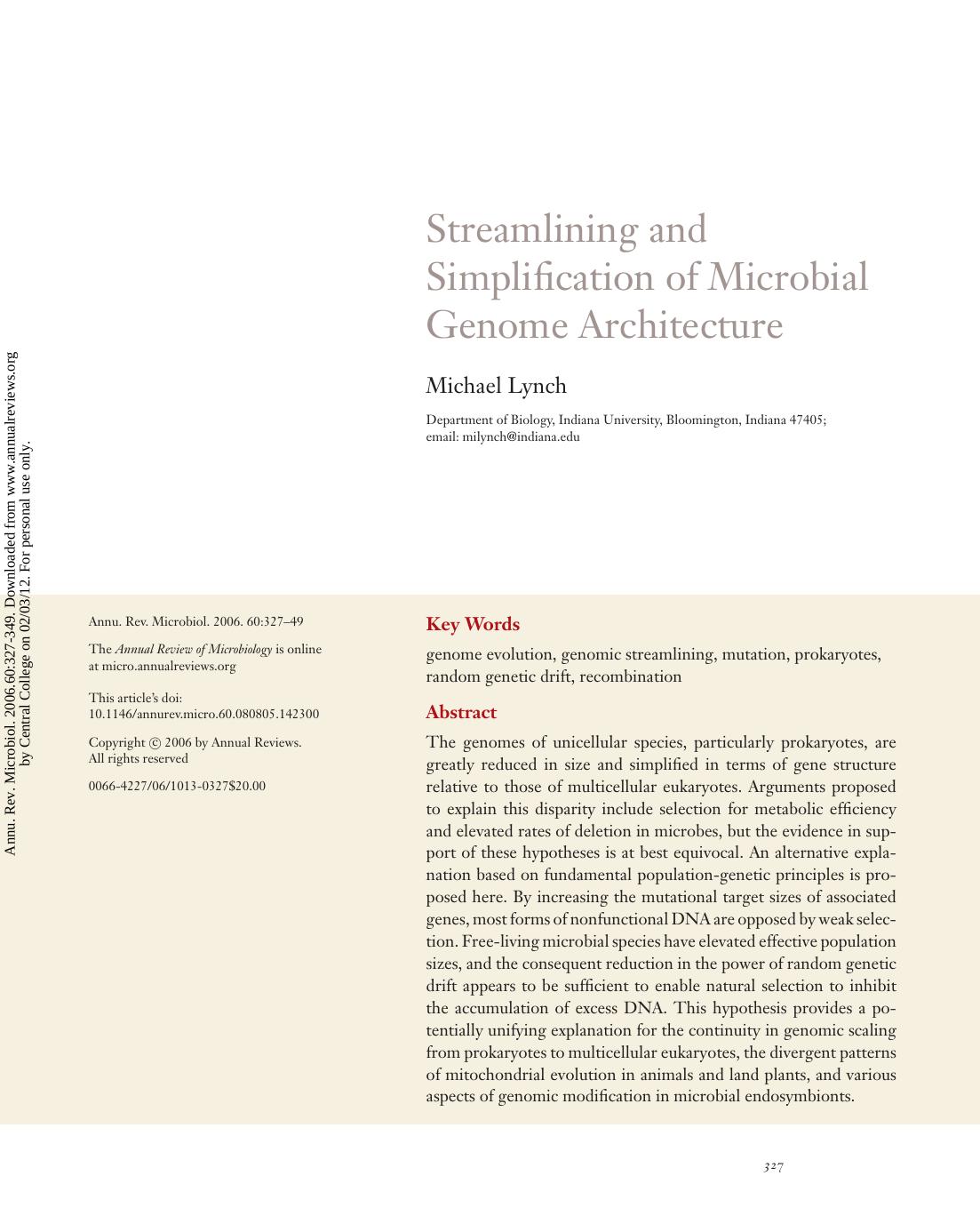 Streamlining and Simplification of Microbial Genome Architecture by Michael Lynch