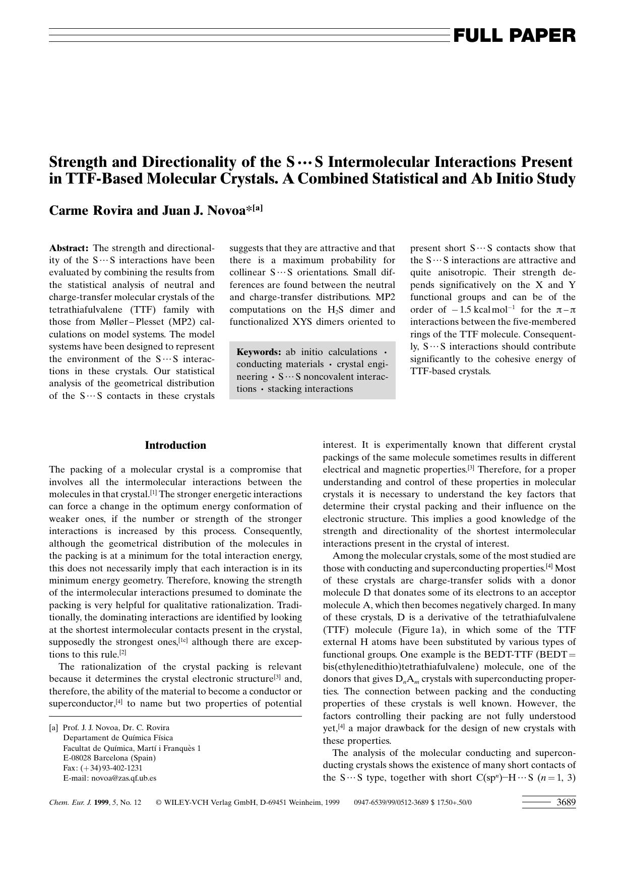 Strength and Directionality of the S[sdot][sdot][sdot]S Intermolecular Interactions Present in TTF-Based Molecular Crystals. A Combined Statistical and Ab Initio Study by Unknown