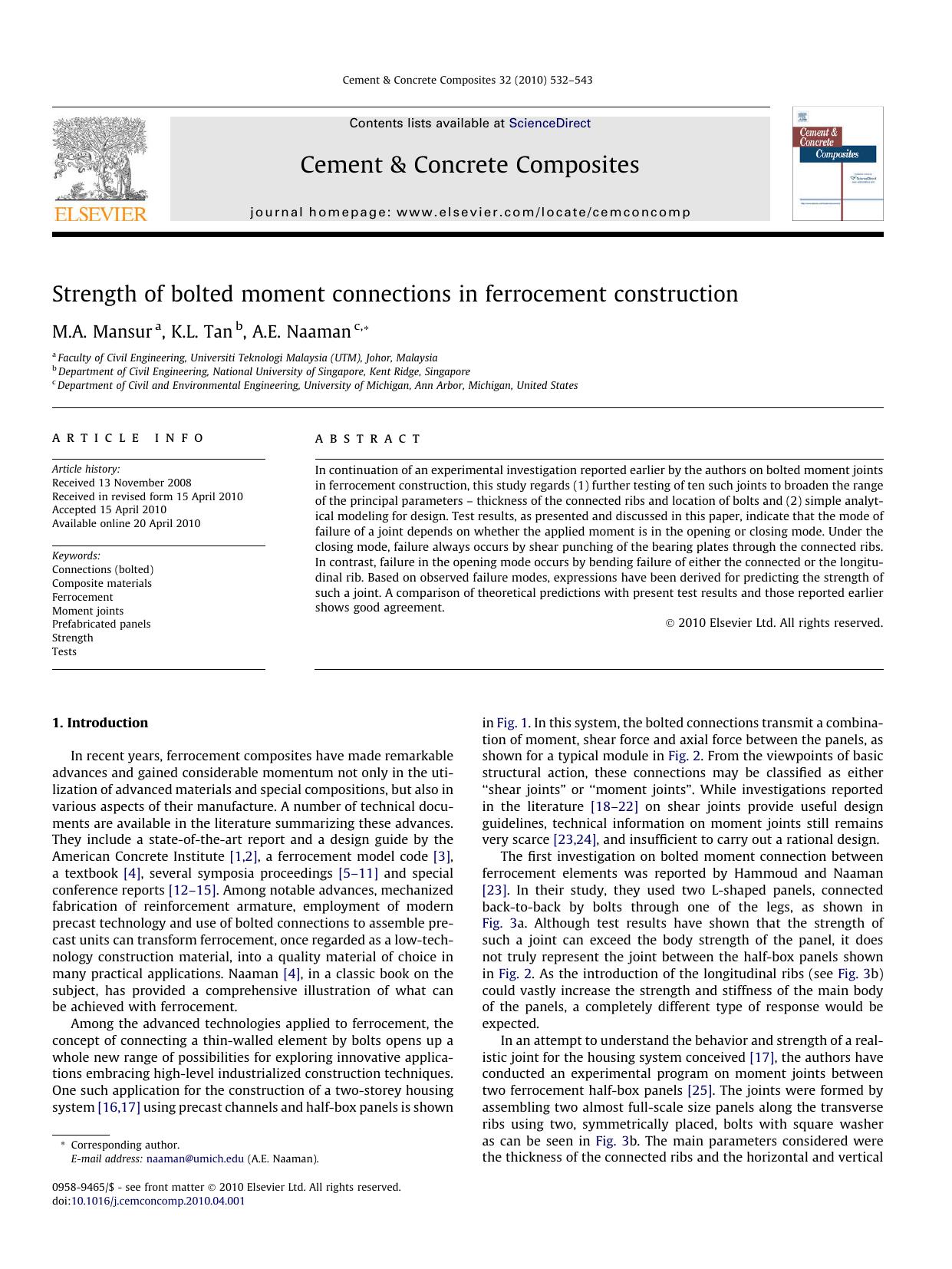 Strength of bolted moment connections in ferrocement construction by M.A. Mansur; K.L. Tan; A.E. Naaman