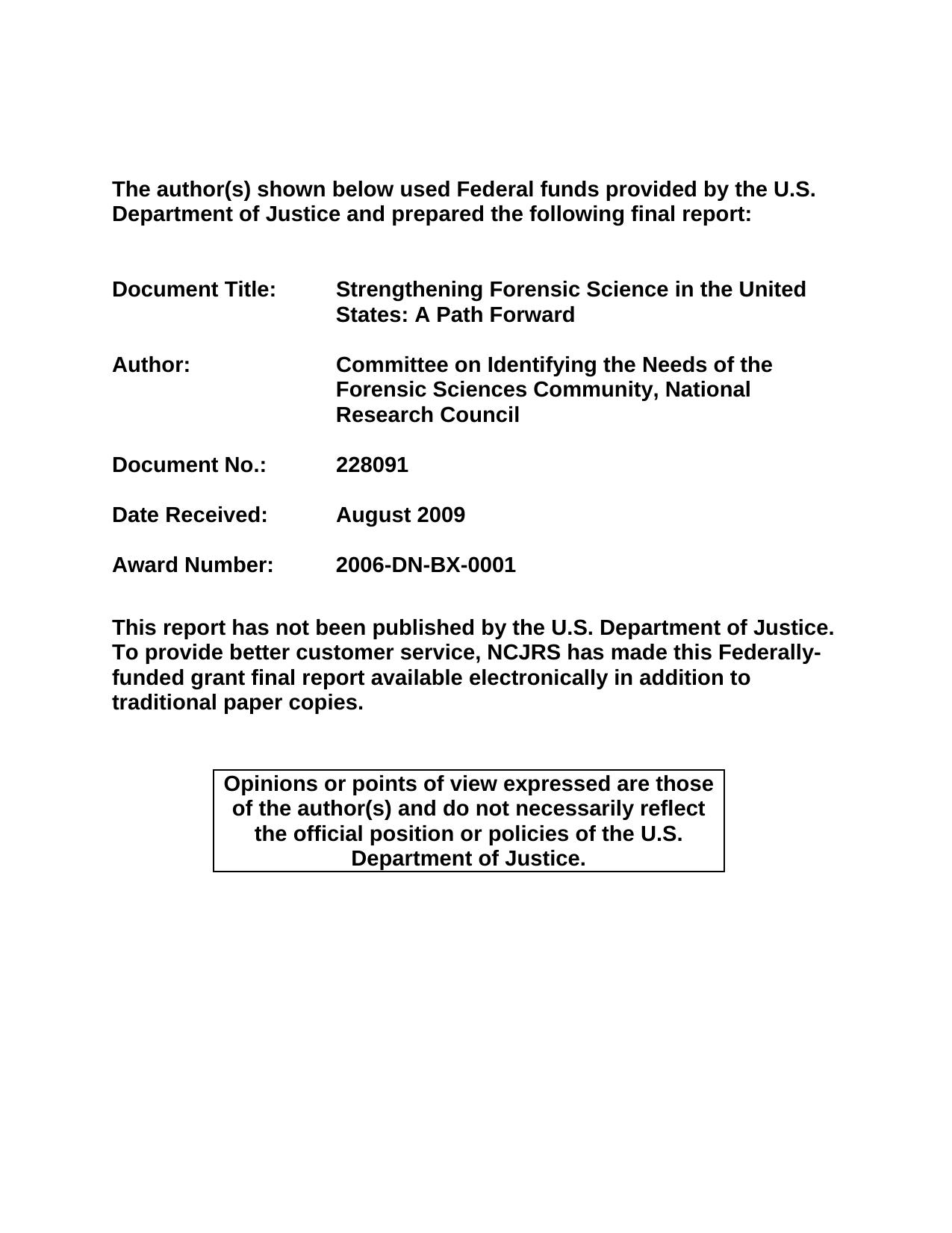 Strengthening Forensic Science in the United States: A Path Forward by National Research Council