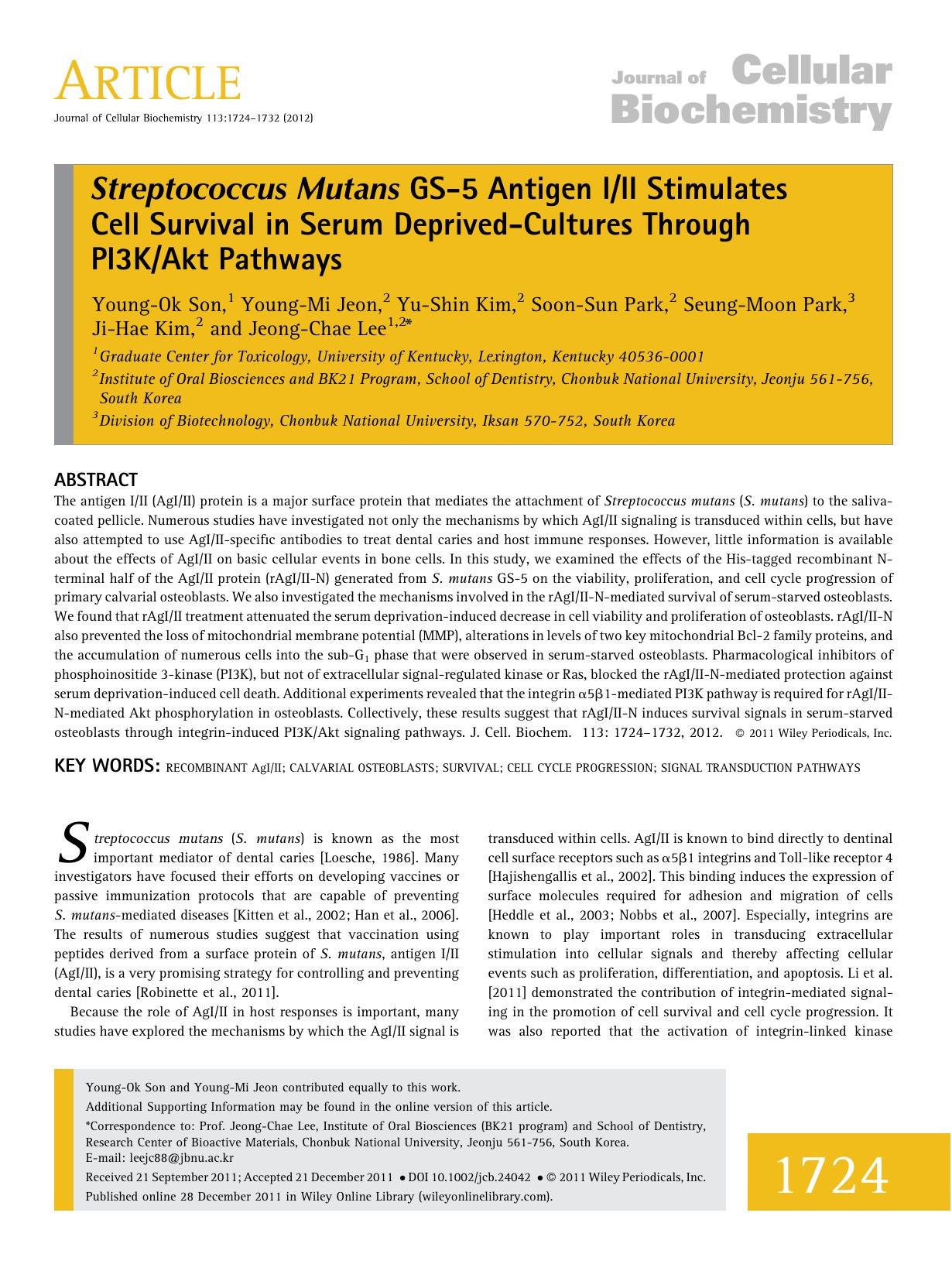 Streptococcus mutans GS5 antigen III stimulates cell survival in serum deprivedcultures through PI3KAkt Pathways by Unknown