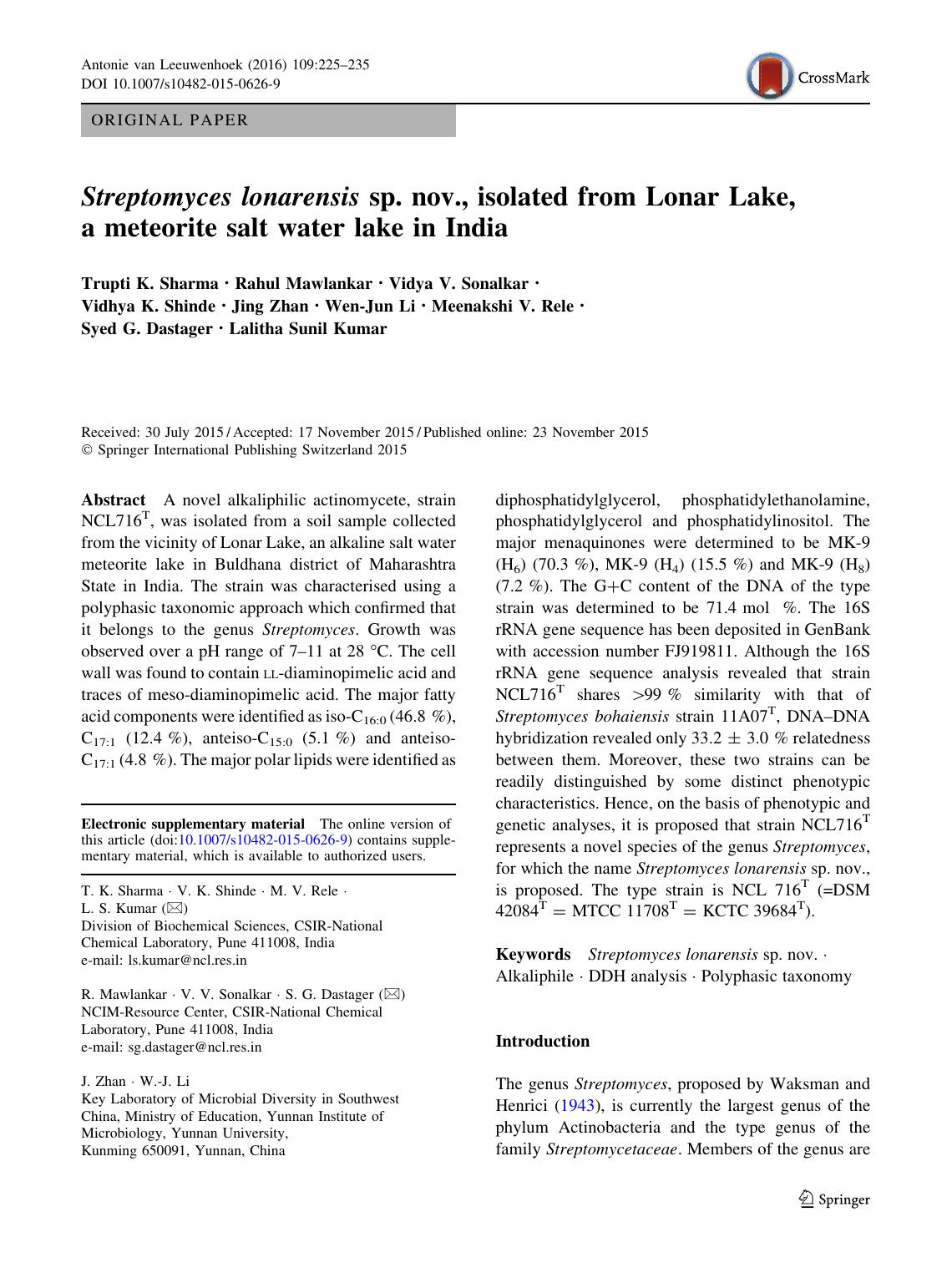 Streptomyces lonarensis sp. nov., isolated from Lonar Lake, a meteorite salt water lake in India by unknow