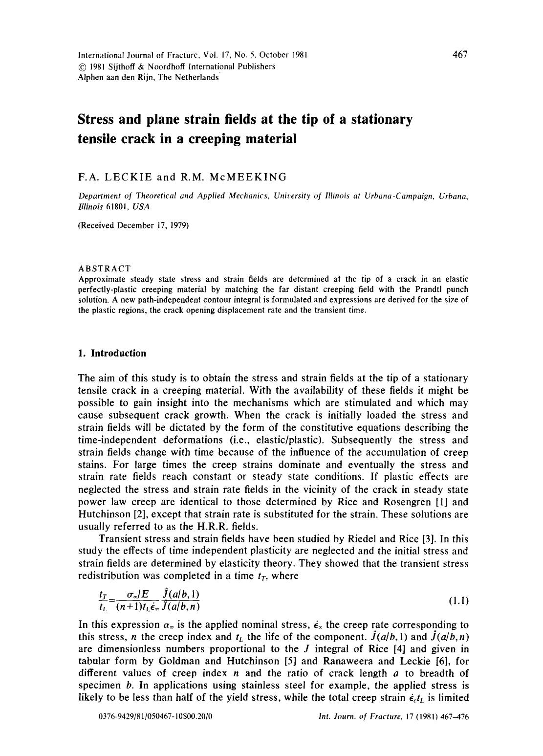 Stress and plane strain fields at the tip of a stationary tensile crack in a creeping material by Unknown