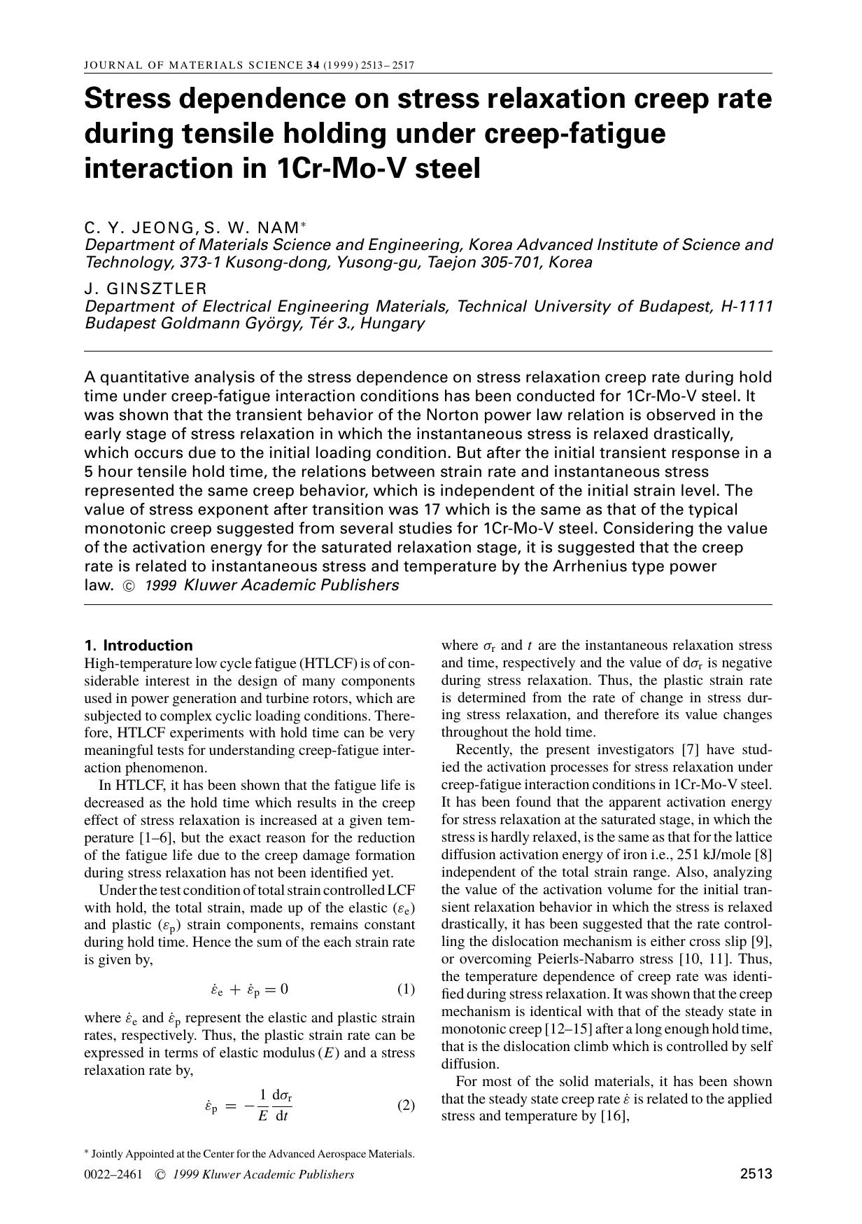 Stress dependence on stress relaxation creep rate during tensile holding under creep-fatigue interaction in 1Cr-Mo-V steel by Unknown