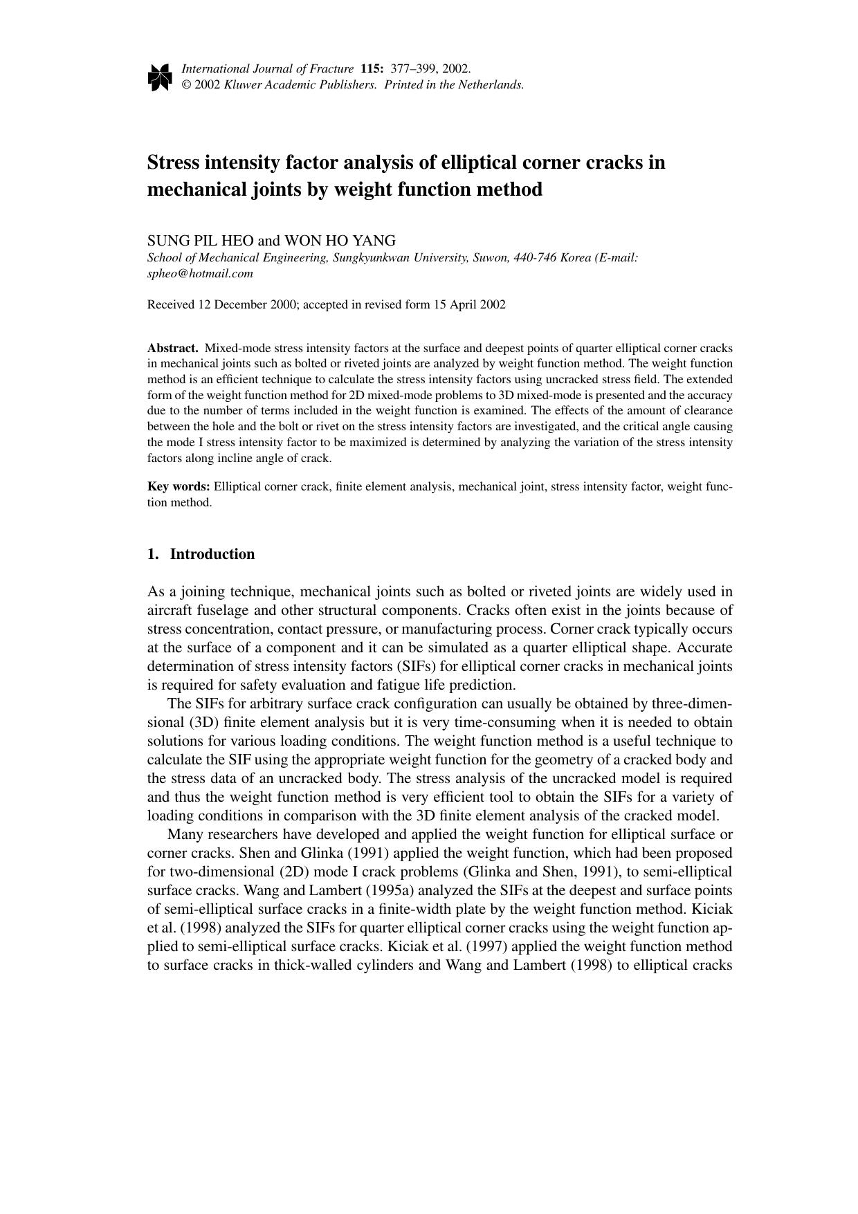 Stress intensity factor analysis of elliptical corner cracks in mechanical joints by weight function method by Unknown