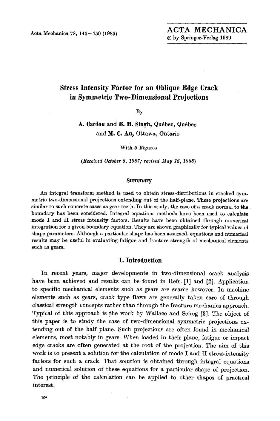 Stress intensity factor for an oblique edge crack in symmetric two-dimensional projections by Unknown