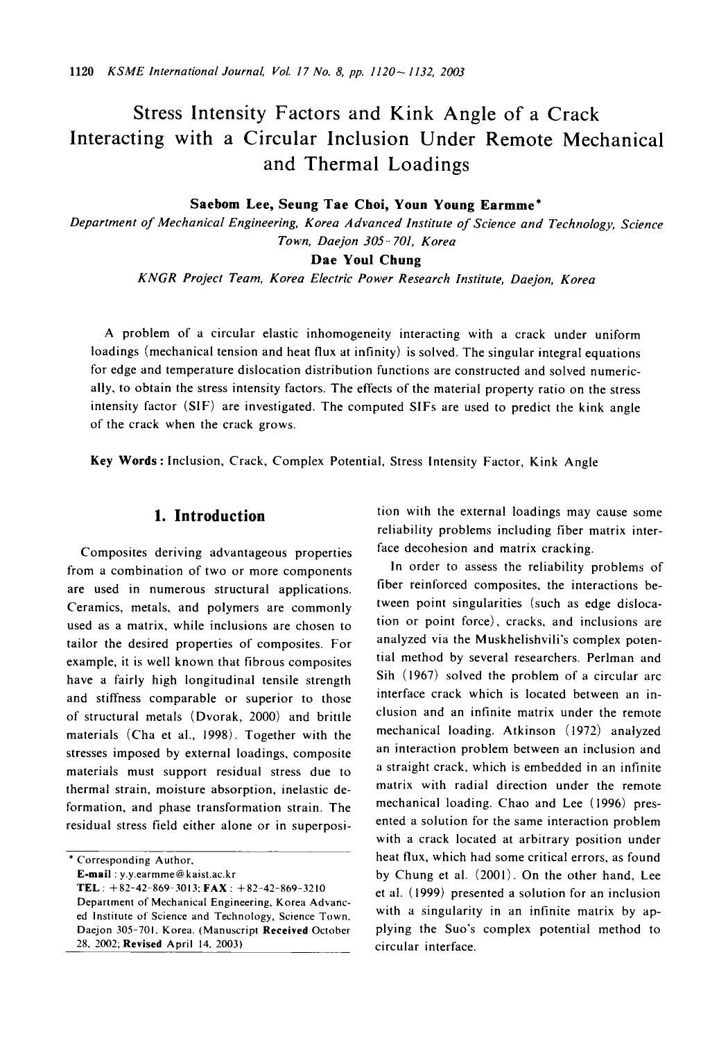 Stress intensity factors and kink angle of a crack interacting with a circular inclusion under remote mechanical and thermal loadings by Unknown