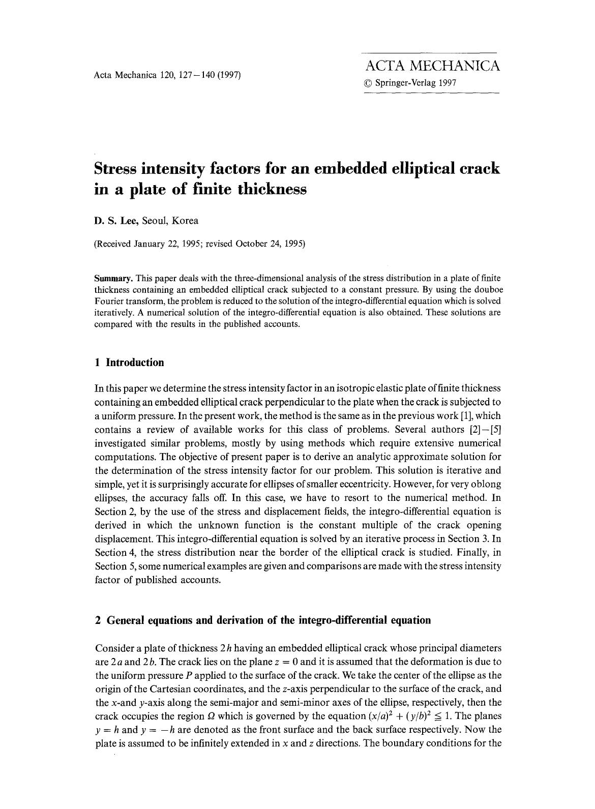 Stress intensity factors for an embedded elliptical crack in a plate of finite thickness by Unknown