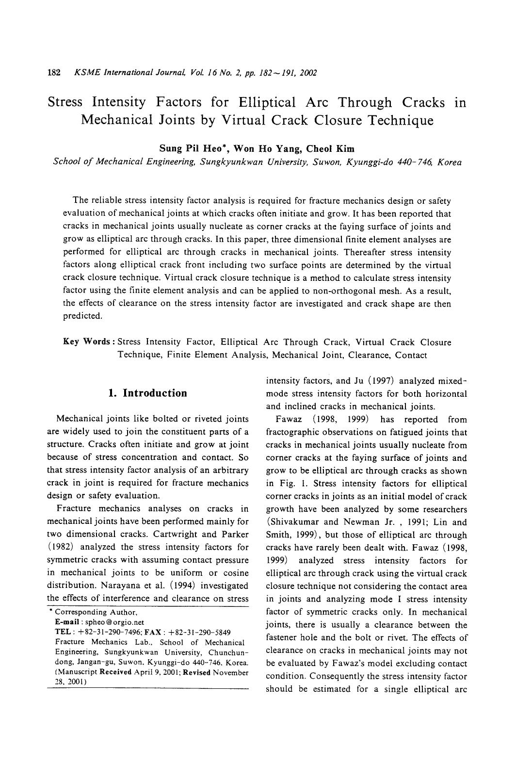 Stress intensity factors for elliptical arc through cracks in mechanical joints by virtual crack closure technique by Unknown