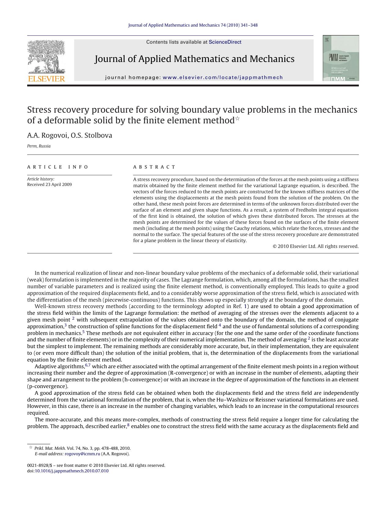 Stress recovery procedure for solving boundary value problems in the mechanics of a deformable solid by the finite element method by A.A. Rogovoi