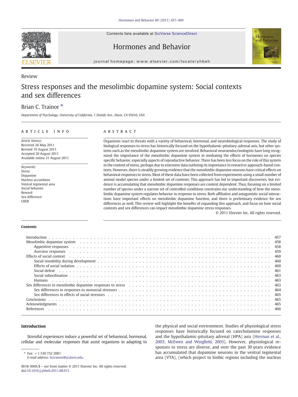 Stress responses and the mesolimbic dopamine system: Social contexts and sex differences by Brian C. Trainor
