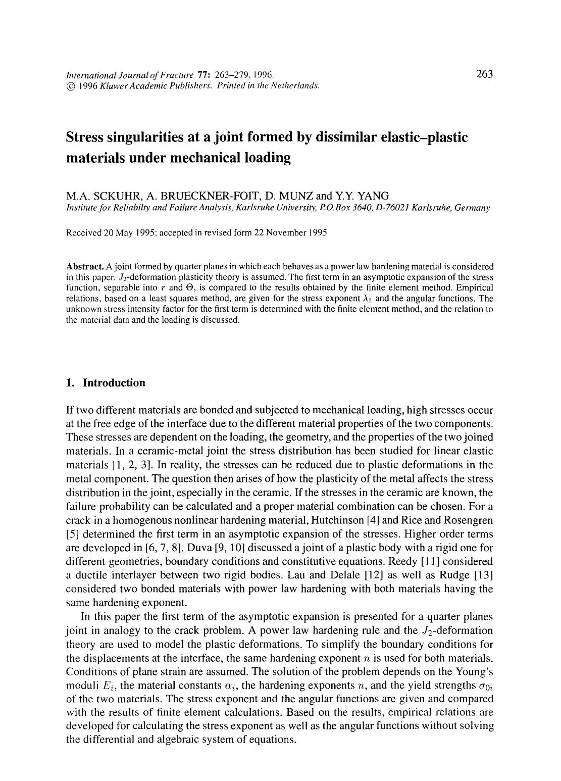 Stress singularities at a joint formed by dissimilar elastic-plastic materials under mechanical loading by Unknown