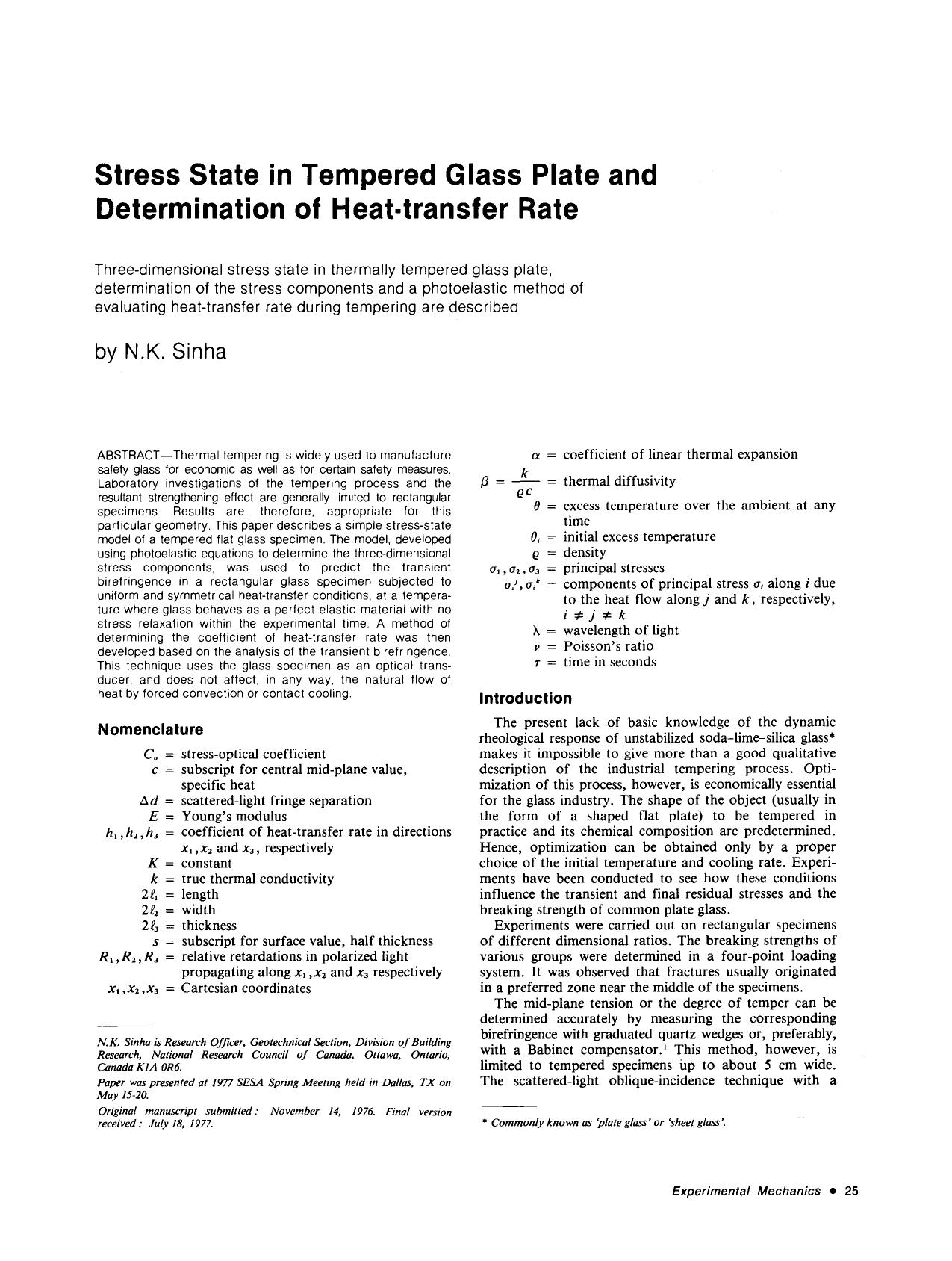 Stress state in tempered glass plate and determination of heat-transfer rate by Unknown