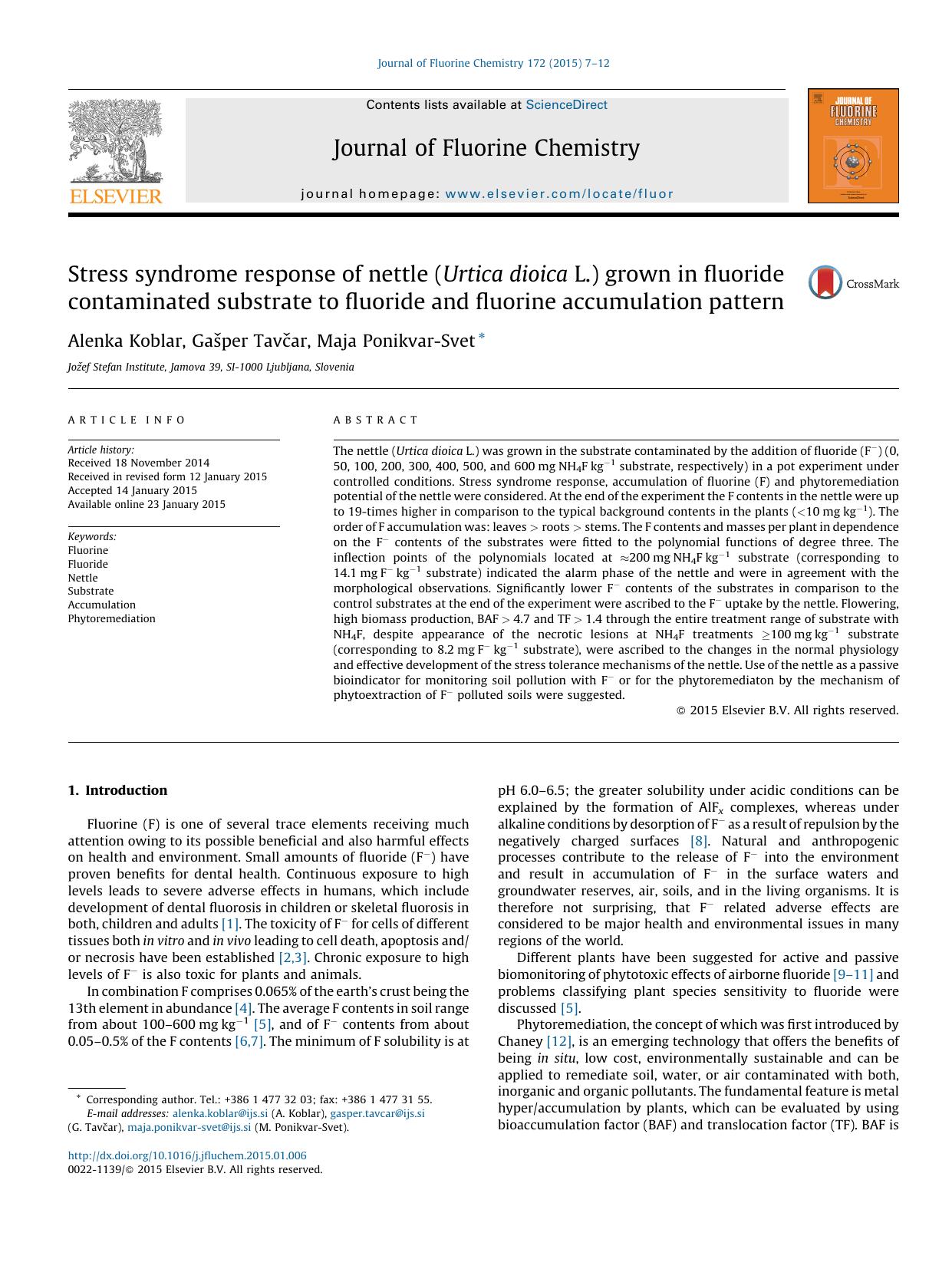 Stress syndrome response of nettle (Urtica dioica L.) grown in fluoride contaminated substrate to fluoride and fluorine accumulation pattern by Alenka Koblar & Gašper Tavčar & Maja Ponikvar-Svet