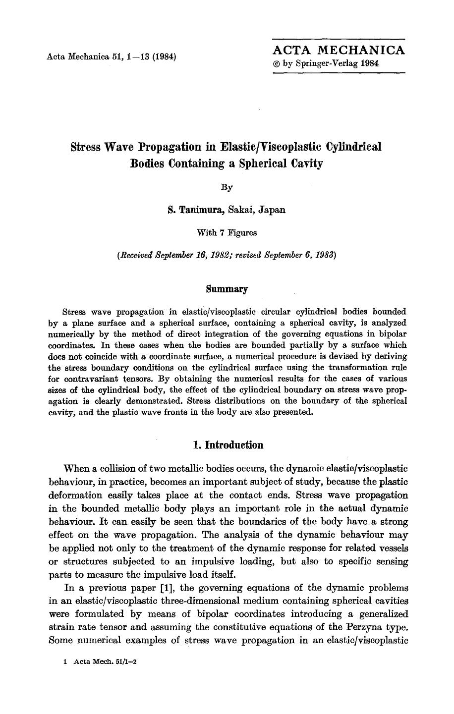 Stress wave propagation in elasticviscoplastic cylindrical bodies containing a spherical cavity by Unknown