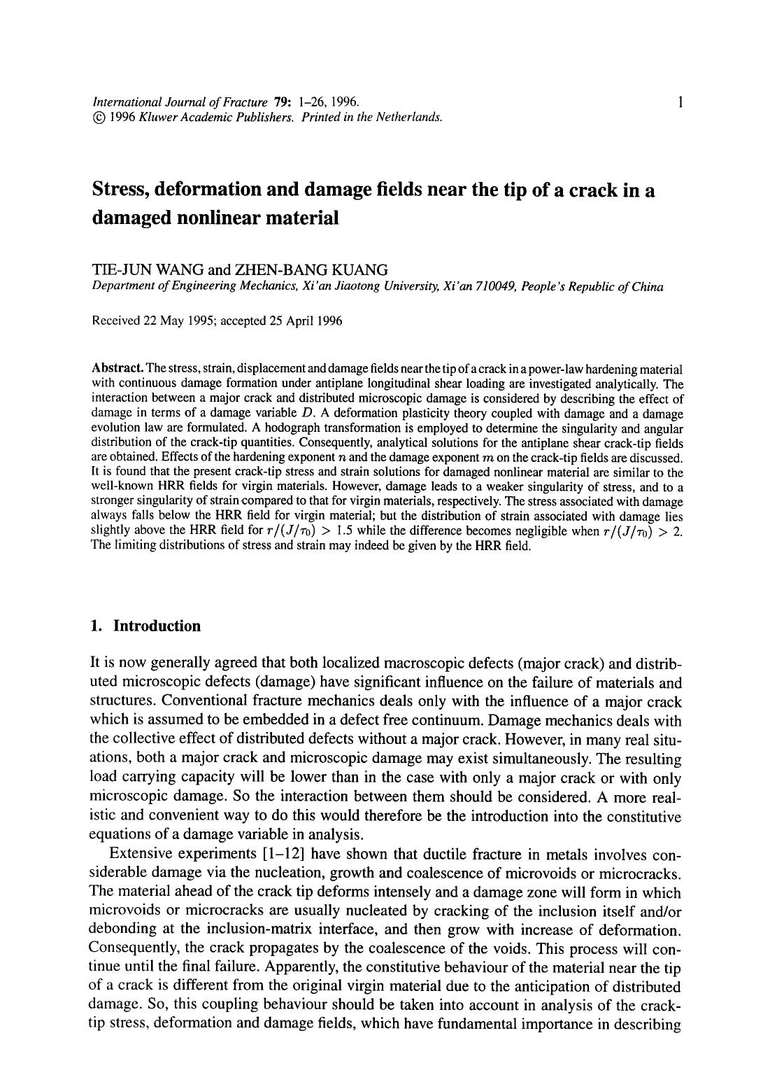 Stress, deformation and damage fields near the tip of a crack in a damaged nonlinear material by Unknown