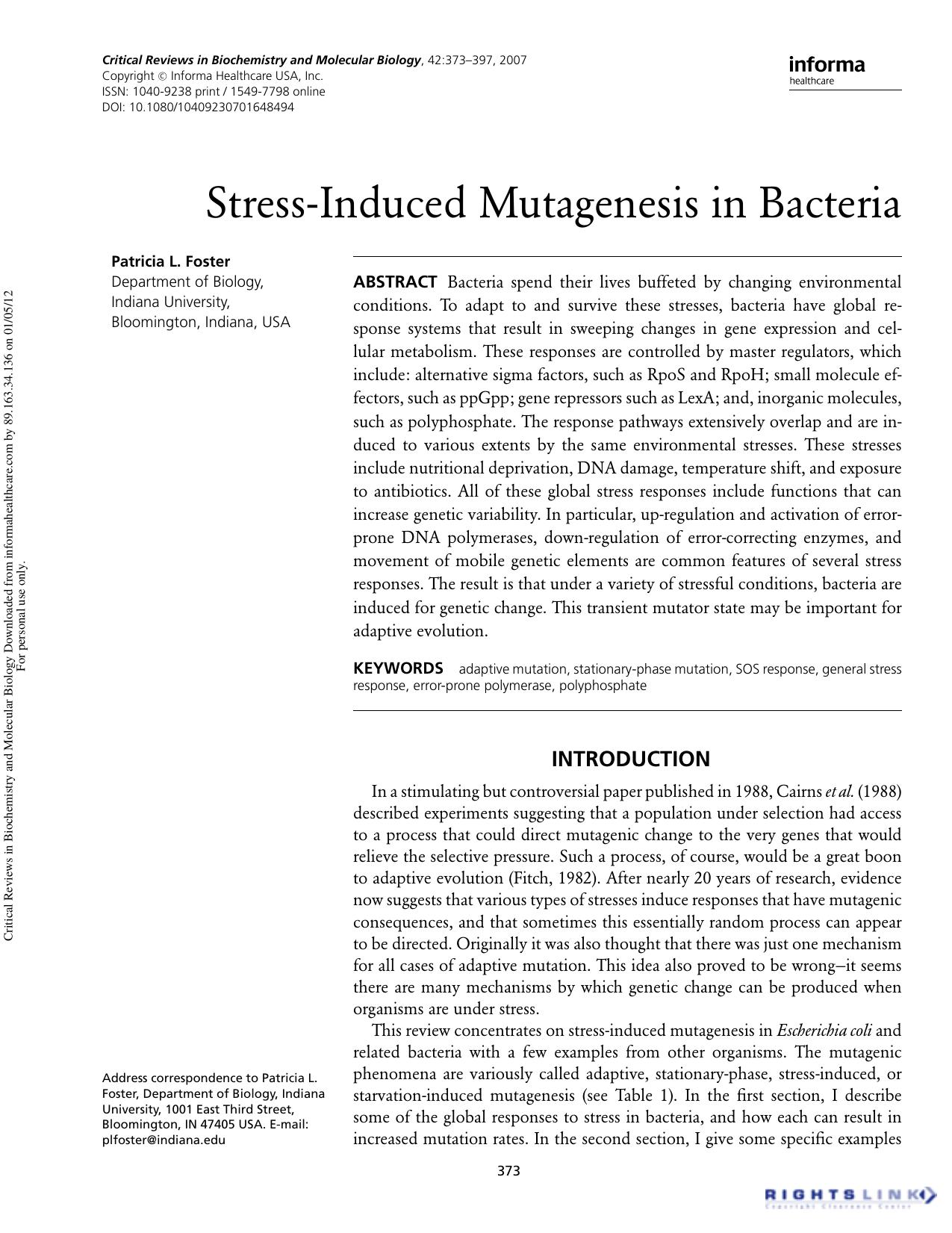 Stress-Induced Mutagenesis in Bacteria by Patricia L. Foster