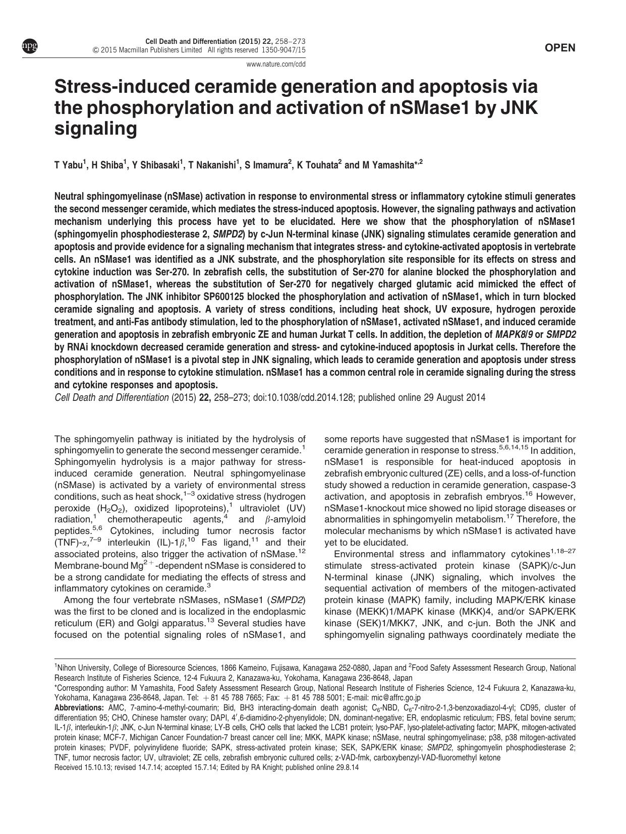 Stress-induced ceramide generation and apoptosis via the phosphorylation and activation of nSMase1 by JNK signaling by T Yabu & H Shiba & Y Shibasaki & T Nakanishi & S Imamura & K Touhata & M Yamashita