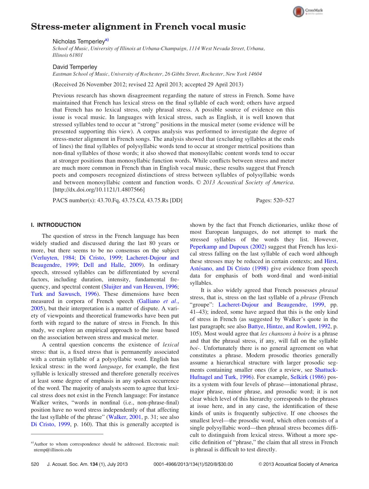 Stress-meter alignment in French vocal music by Nicholas Temperleya) and David Temperley