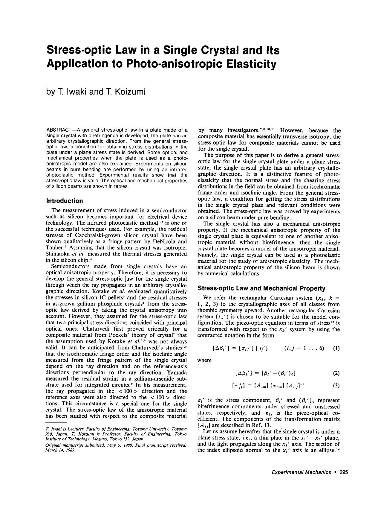 Stress-optic law in a single crystal and its application to photo-anisotropic elasticity by Unknown