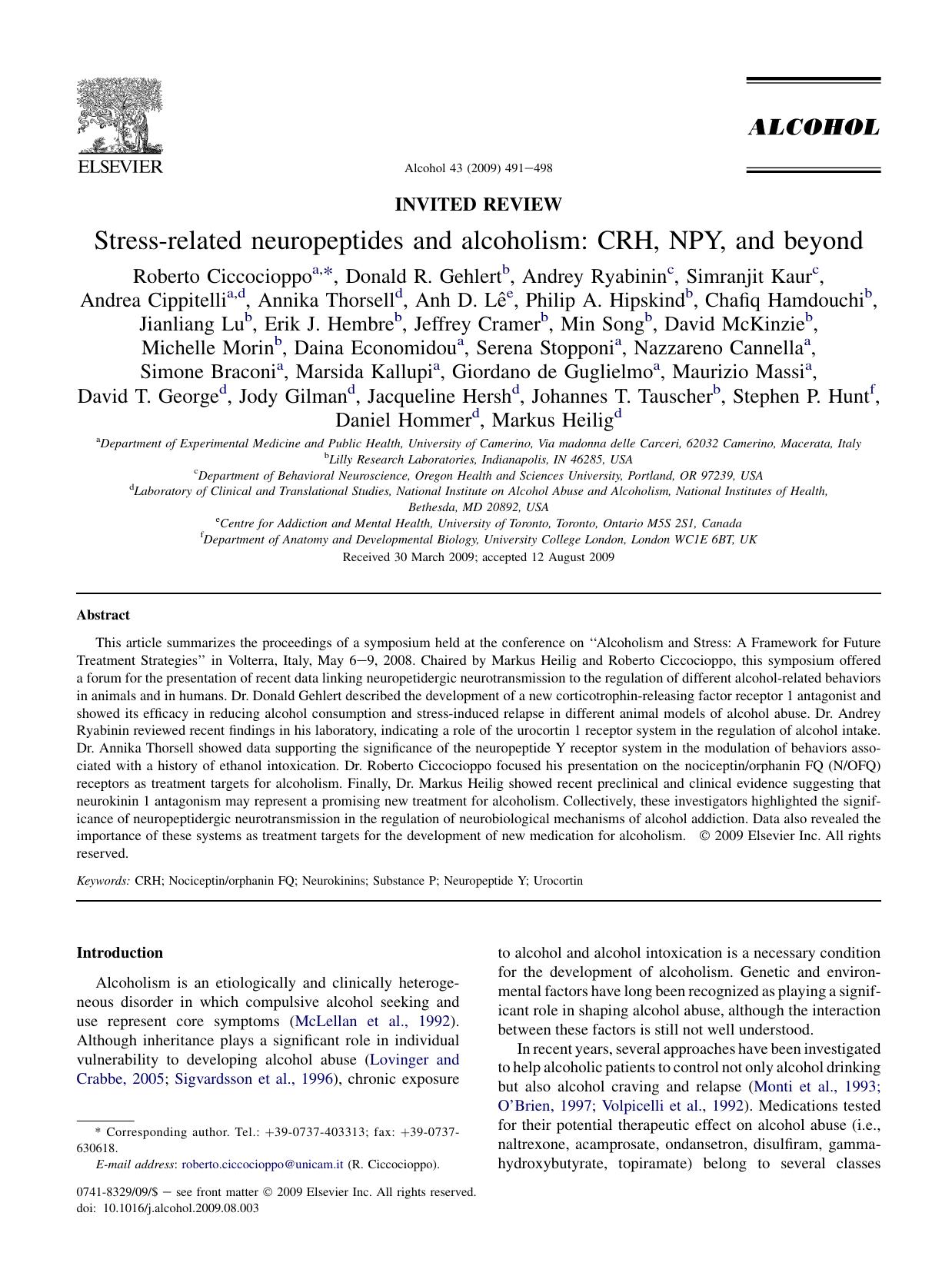 Stress-related neuropeptides and alcoholism: CRH, NPY, and beyond by unknow