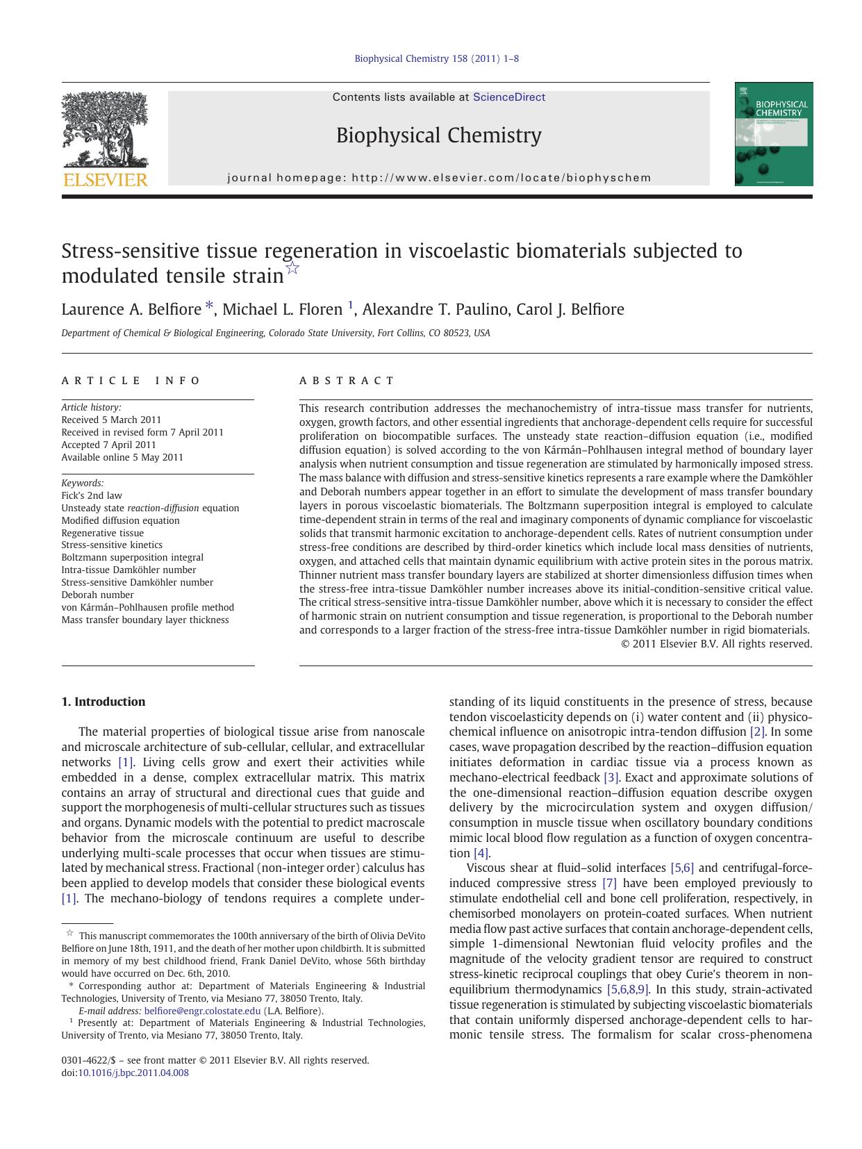 Stress-sensitive tissue regeneration in viscoelastic biomaterials subjected to modulated tensile strain by Laurence A. Belfiore & Michael L. Floren & Alexandre T. Paulino & Carol J. Belfiore