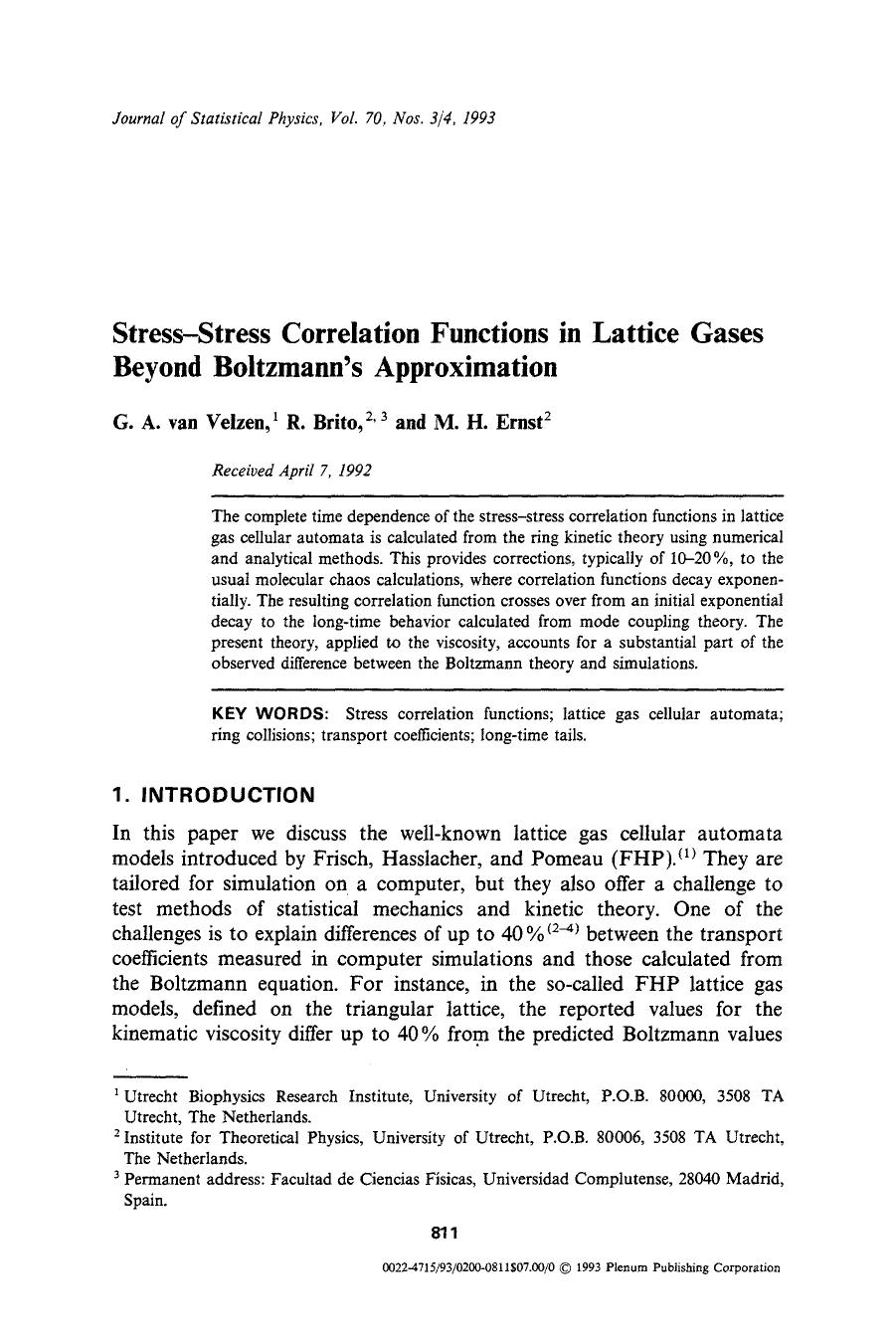 Stress-stress correlation functions in lattice gases beyond Boltzmann's approximation by Unknown