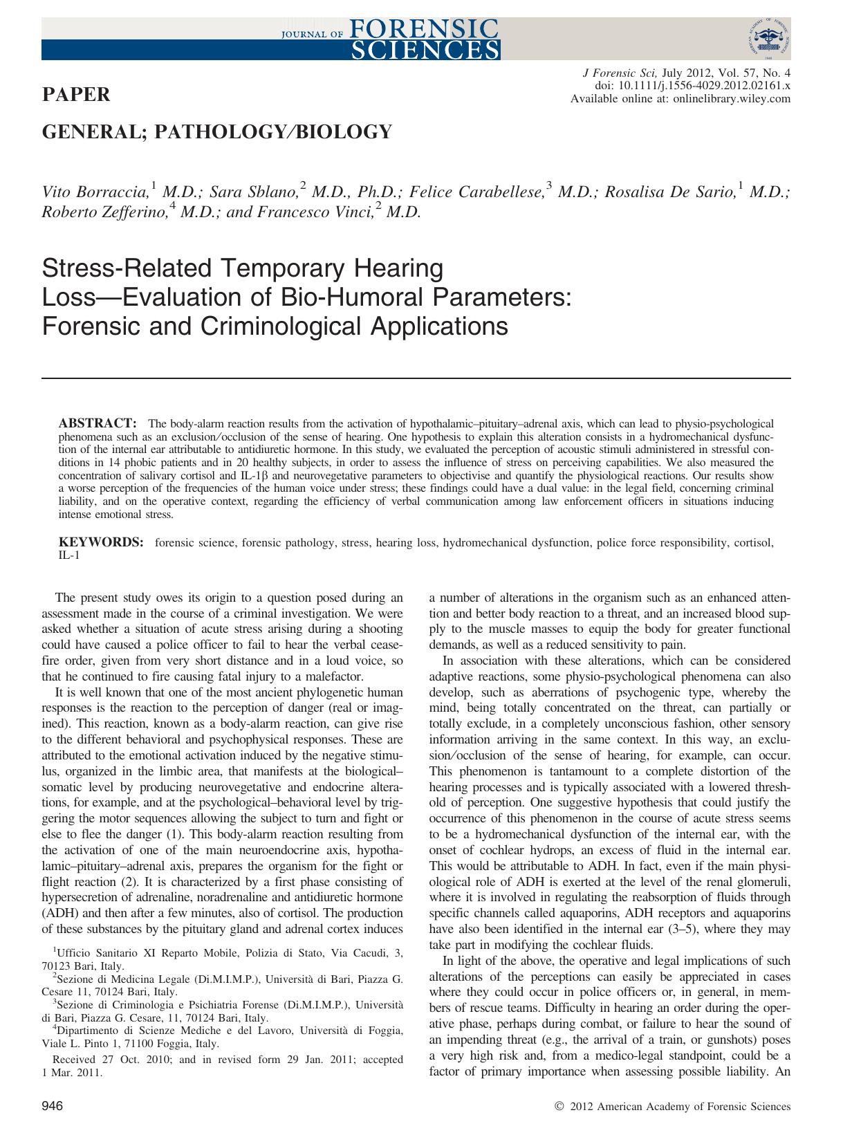 StressRelated Temporary Hearing LossEvaluation of BioHumoral Parameters: Forensic and Criminological Applications by Unknown
