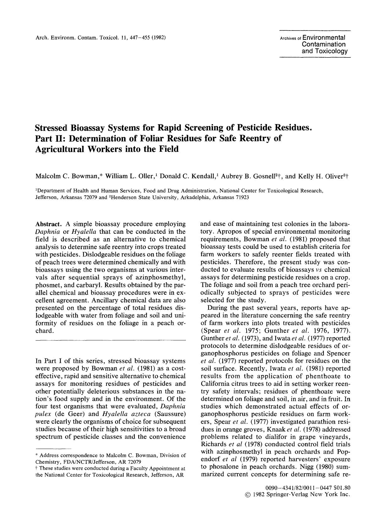 Stressed bioassay systems for rapid screening of pesticide residues. Part II: Determination of foliar residues for safe reentry of agricultural workers into the field by Unknown