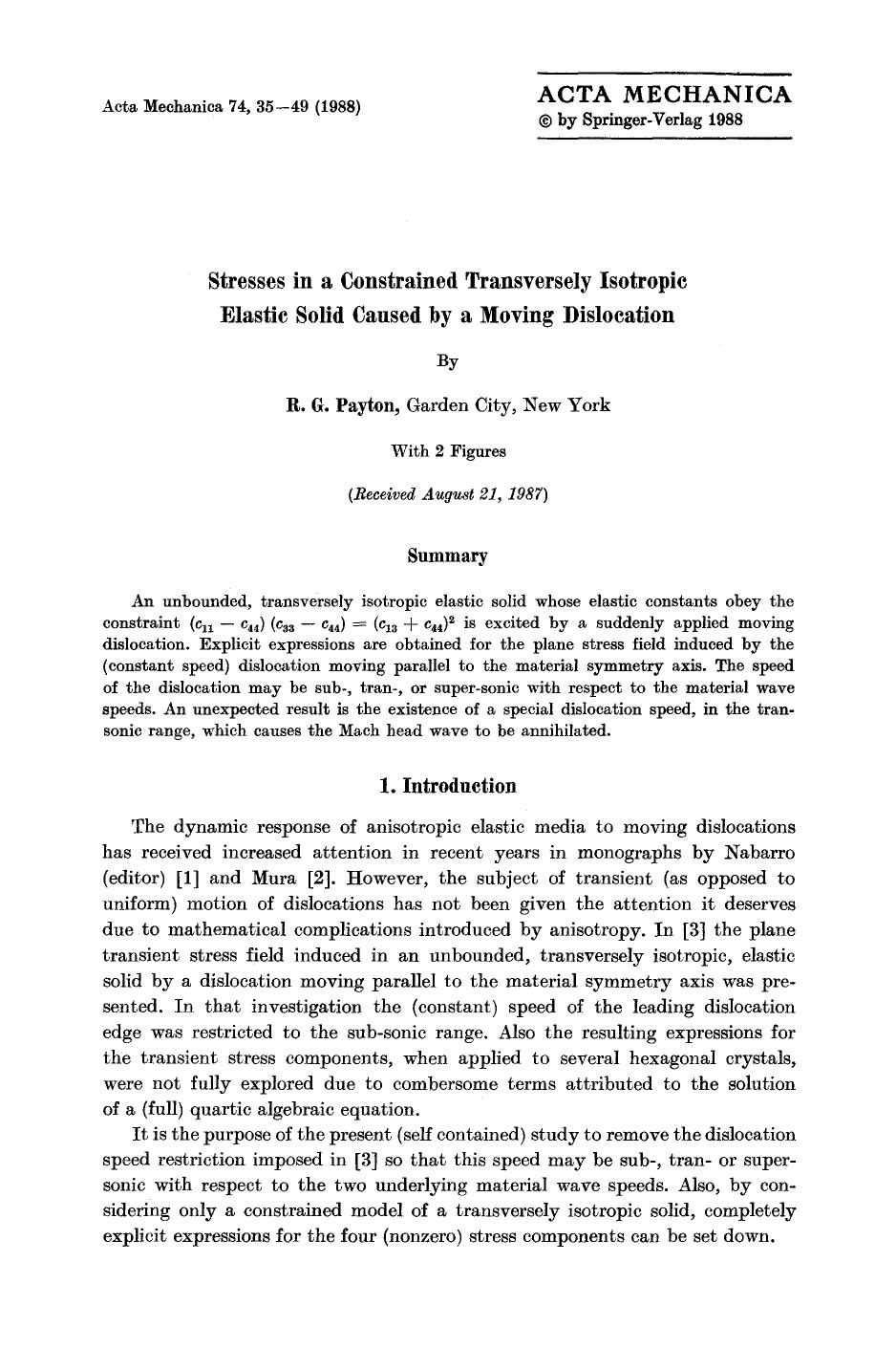 Stresses in a constrained transversely isotropic elastic solid caused by a moving dislocation by Unknown