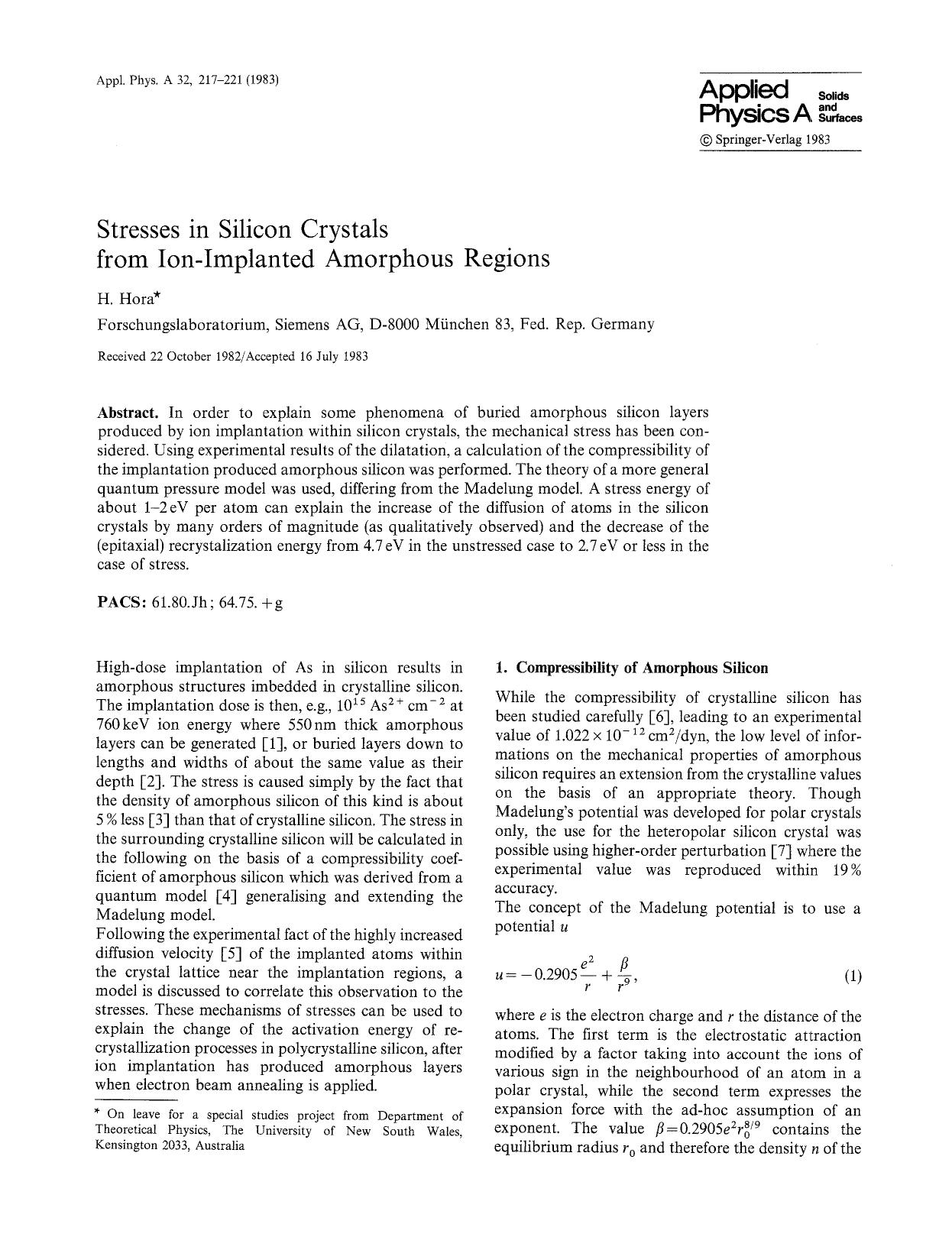Stresses in silicon crystals from ion-implanted amorphous regions by Unknown