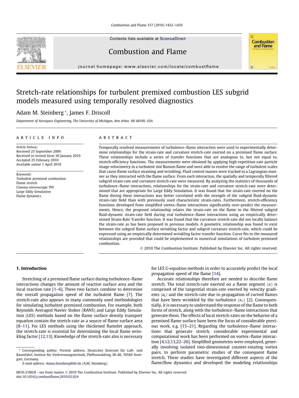 Stretch-rate relationships for turbulent premixed combustion LES subgrid models measured using temporally resolved diagnostics by Adam M. Steinberg; James F. Driscoll