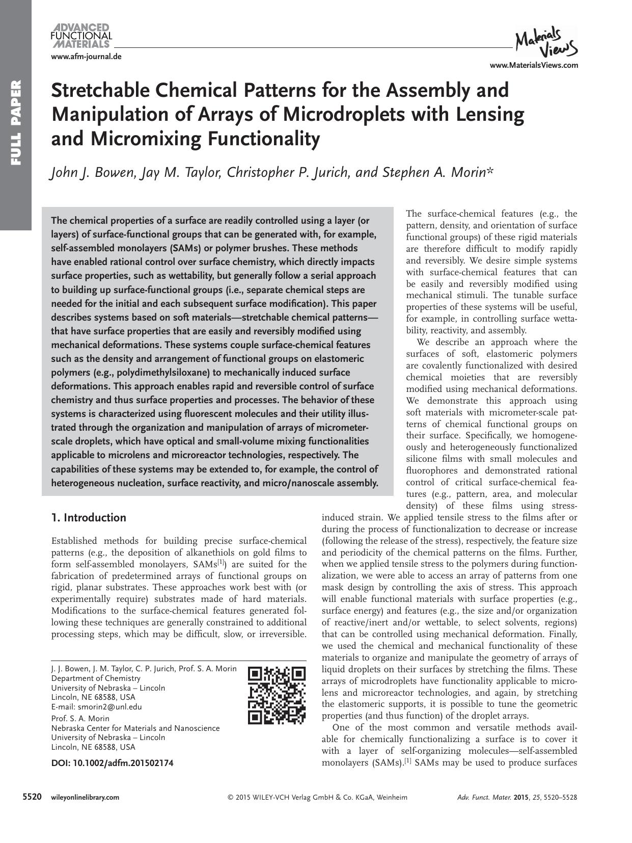 Stretchable Chemical Patterns for the Assembly and Manipulation of Arrays of Microdroplets with Lensing and Micromixing Functionality by Unknown