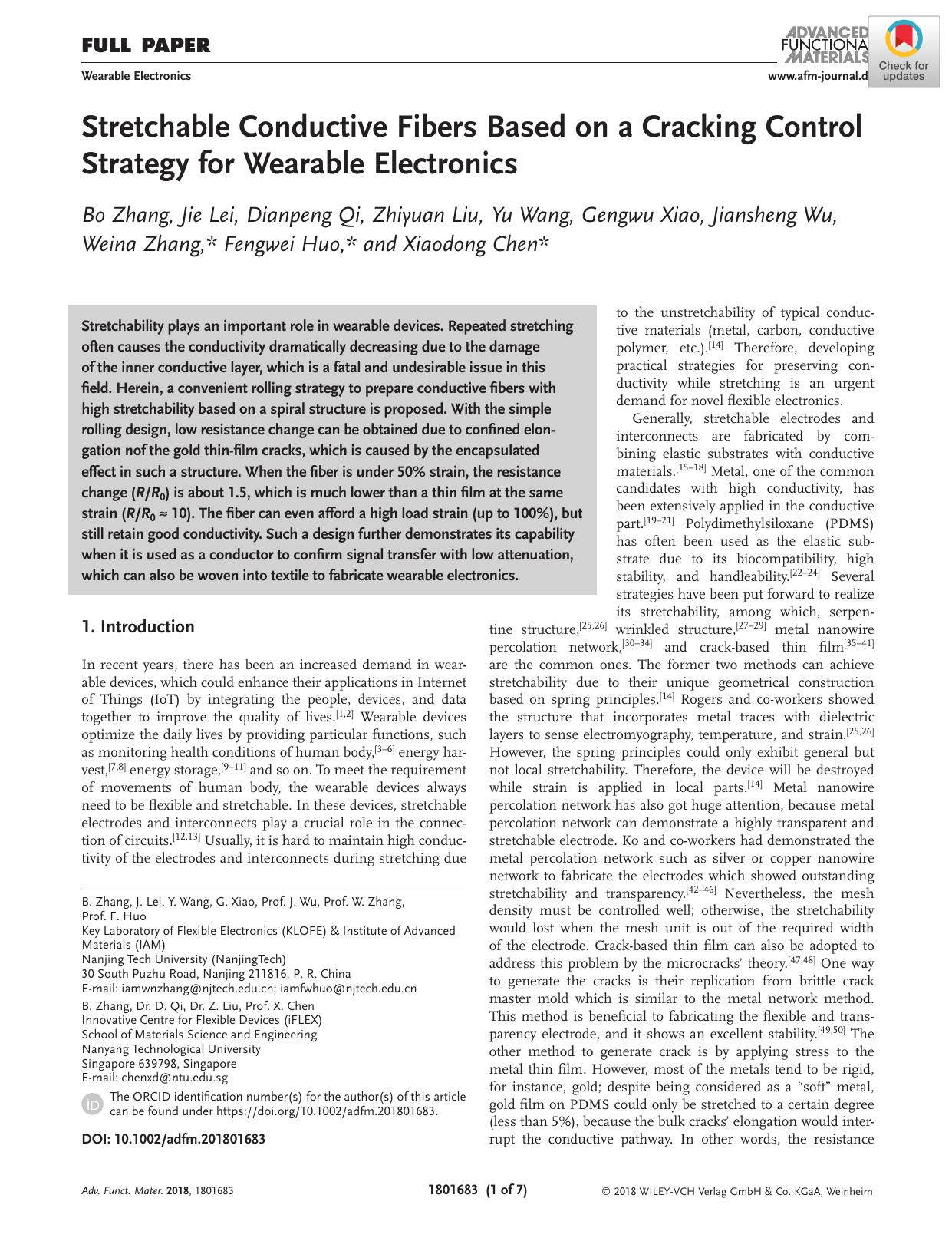 Stretchable Conductive Fibers Based on a Cracking Control Strategy for Wearable Electronics by Unknown