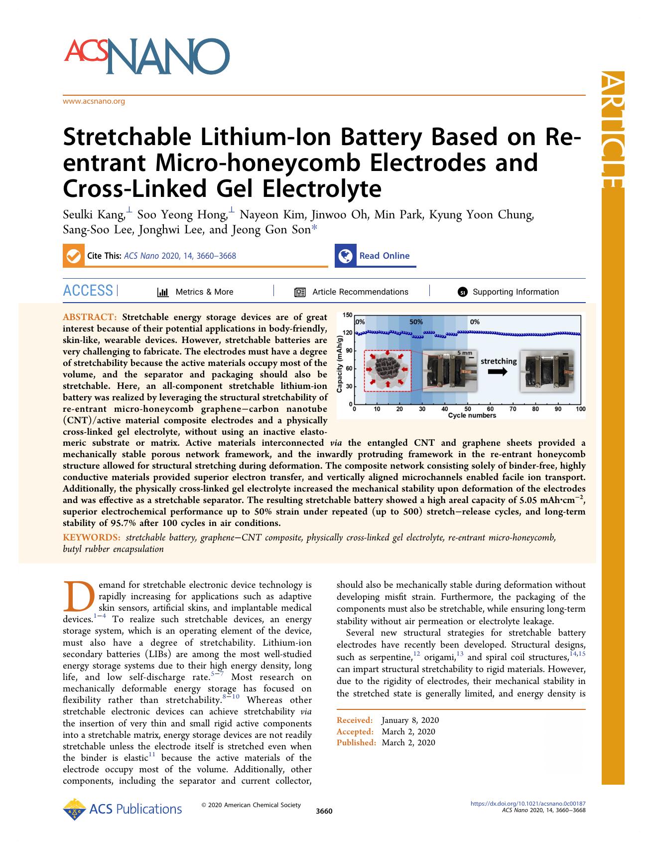 Stretchable Lithium-Ion Battery Based on Re-entrant Micro-honeycomb Electrodes and Cross-Linked Gel Electrolyte by unknow
