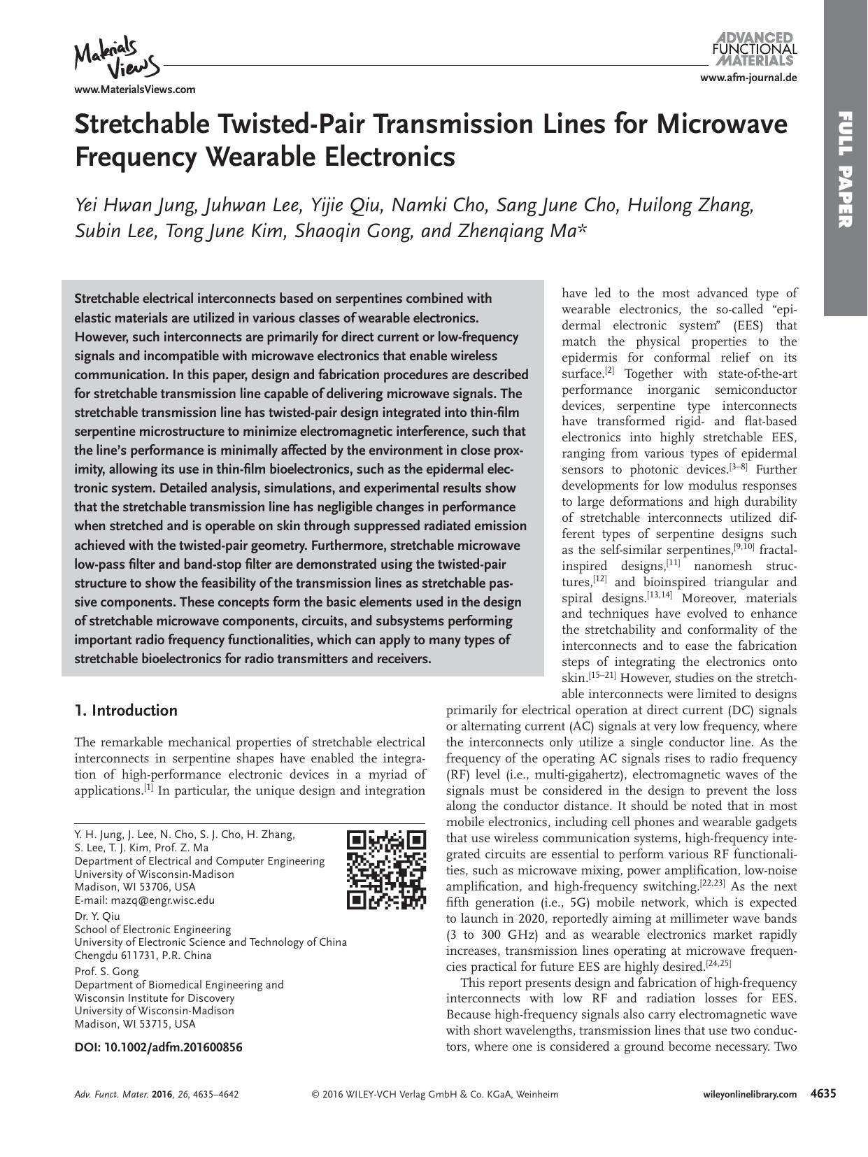 Stretchable Twisted&#x02010;Pair Transmission Lines for Microwave Frequency Wearable Electronics by Unknown