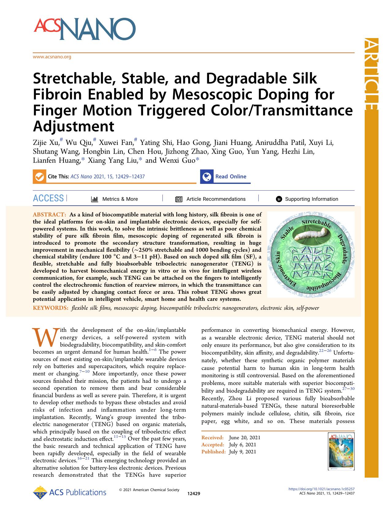 Stretchable, Stable, and Degradable Silk Fibroin Enabled by Mesoscopic Doping for Finger Motion Triggered ColorTransmittance Adjustment by unknow
