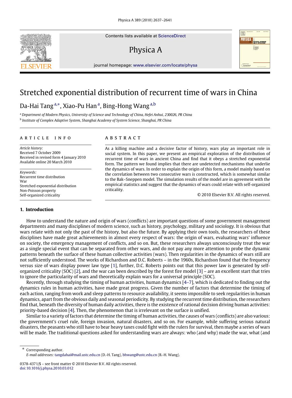 Stretched exponential distribution of recurrent time of wars in China by Da-Hai Tang; Xiao-Pu Han; Bing-Hong Wang