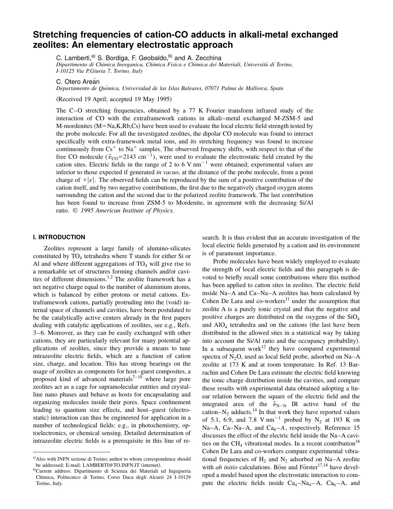 Stretching frequencies of cation-CO adducts in alkali-metal exchanged zeolites: An elementary electrostatic approach by C. Lamberti & S. Bordiga & F. Geobaldo & and A. Zecchina & C. Otero Arean