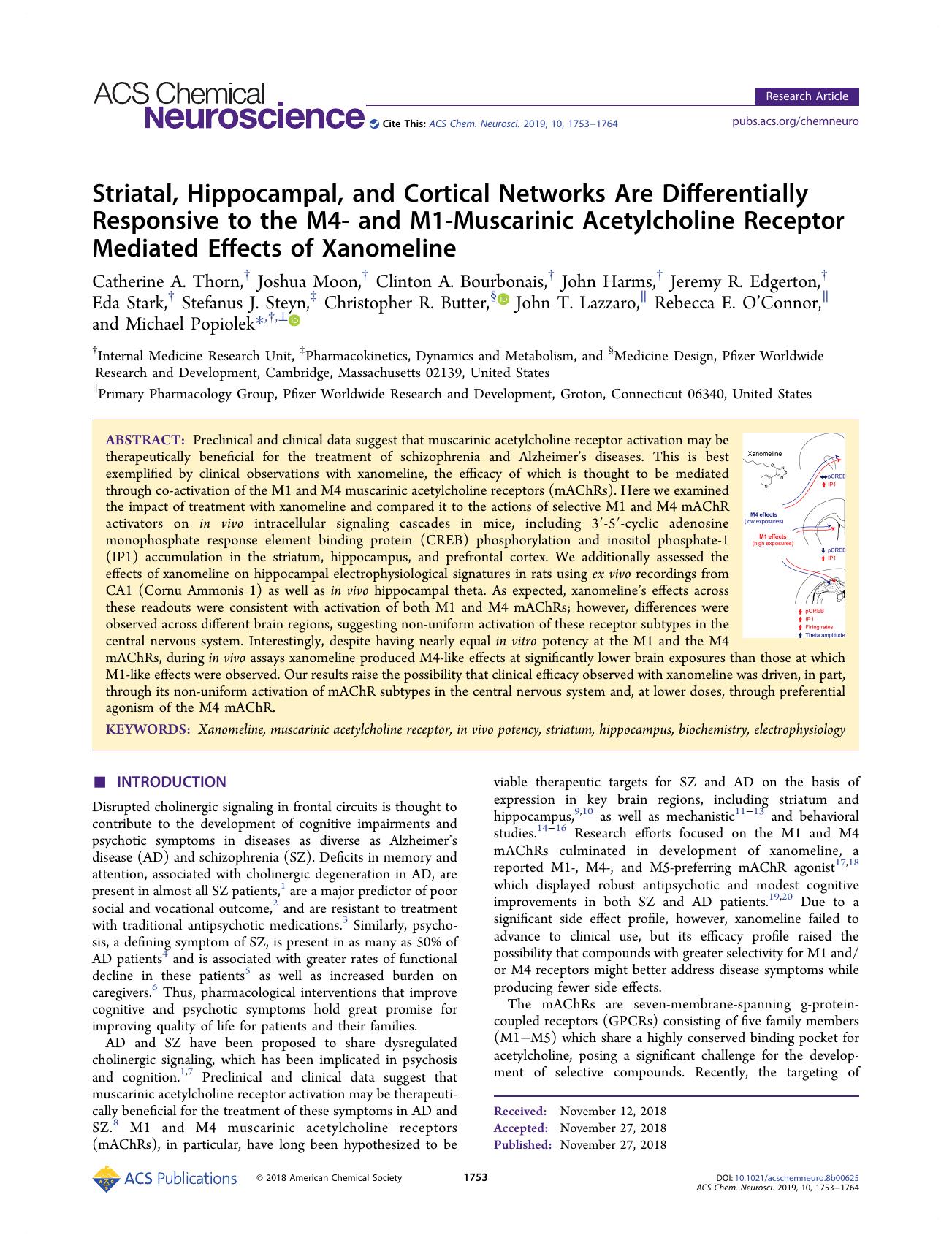 Striatal, Hippocampal, and Cortical Networks Are Differentially Responsive to the M4- and M1-Muscarinic Acetylcholine Receptor Mediated Effects of Xanomeline by unknow