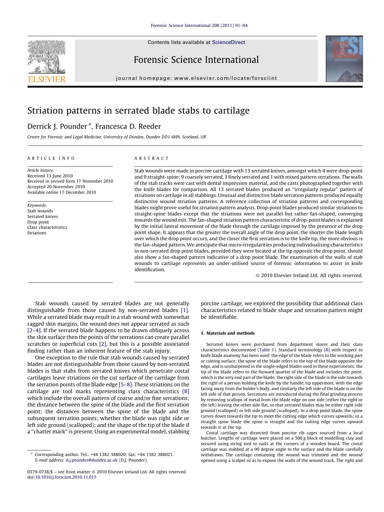 Striation patterns in serrated blade stabs to cartilage by Derrick J. Pounder