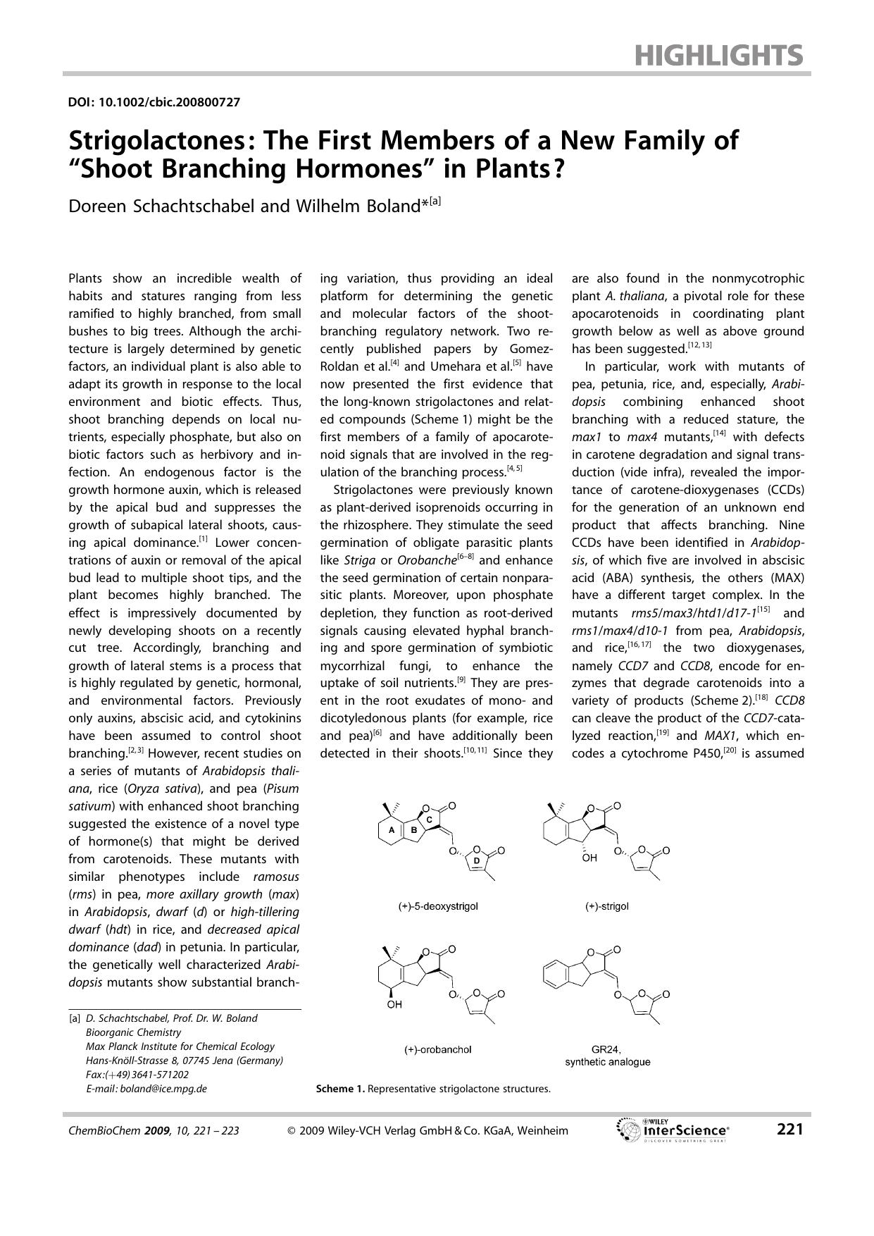 Strigolactones: The First Members of a New Family of "Shoot Branching Hormones" in Plants? by Unknown