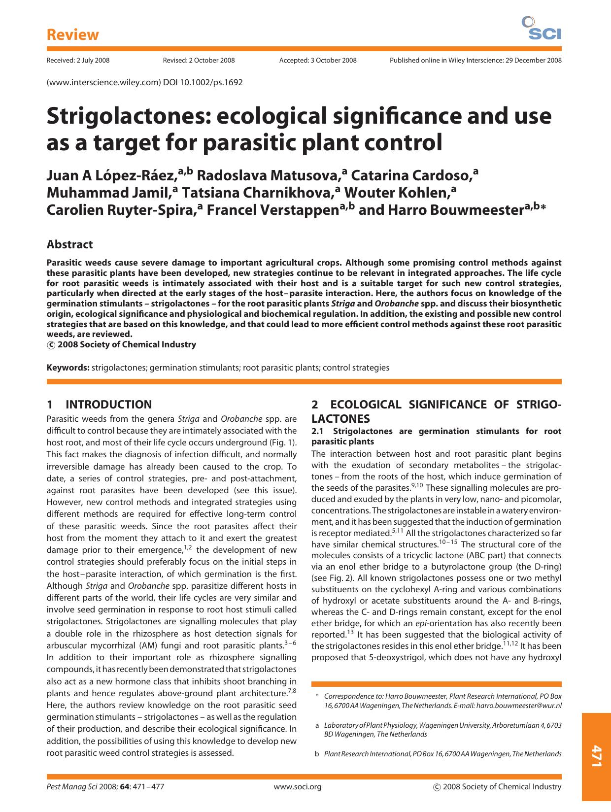 Strigolactones: ecological significance and use as a target for parasitic plant control by Unknown