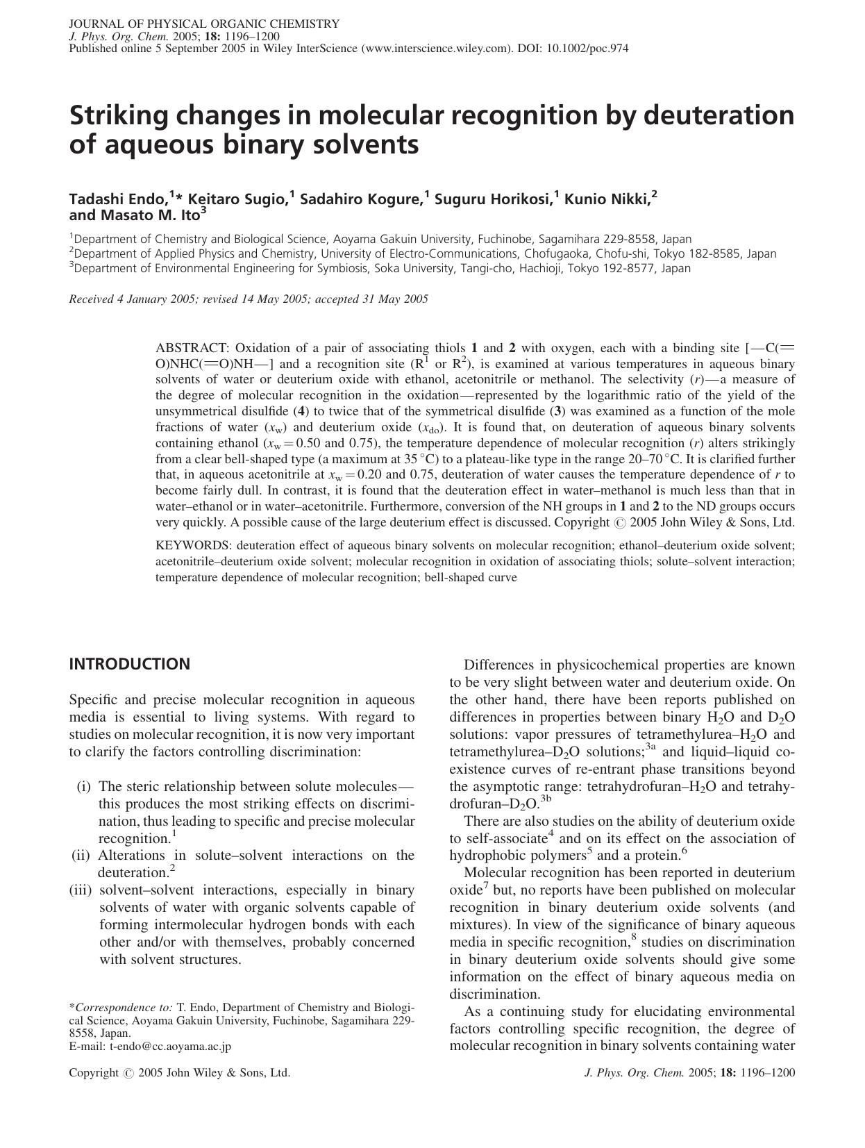 Striking changes in molecular recognition by deuteration of aqueous binary solvents by Unknown