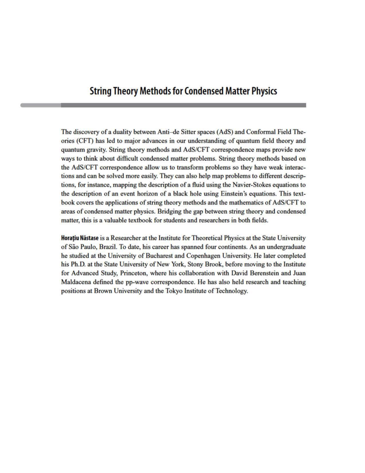 String Theory Methods for Condensed Matter Physics by Unknow