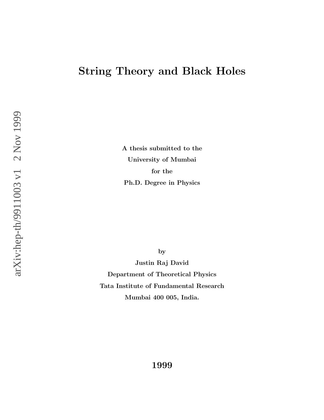 String Theory and Black Holes [thesis] by J. David
