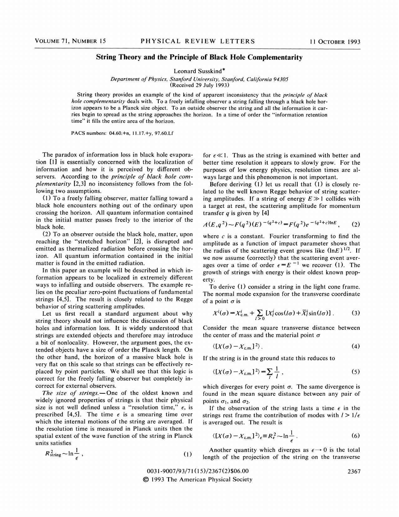 String Theory and the Principle of Black Hole Complementarity (1993) by Unknown