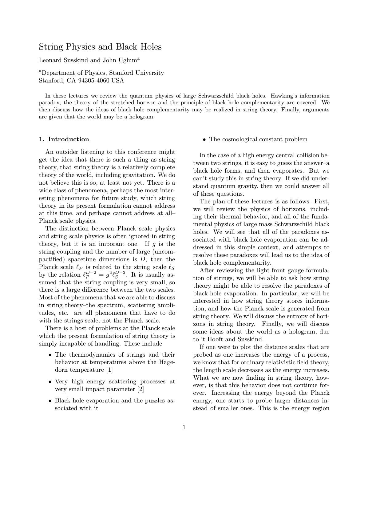 String physics and black holes by Susskind L ; Uglum J -